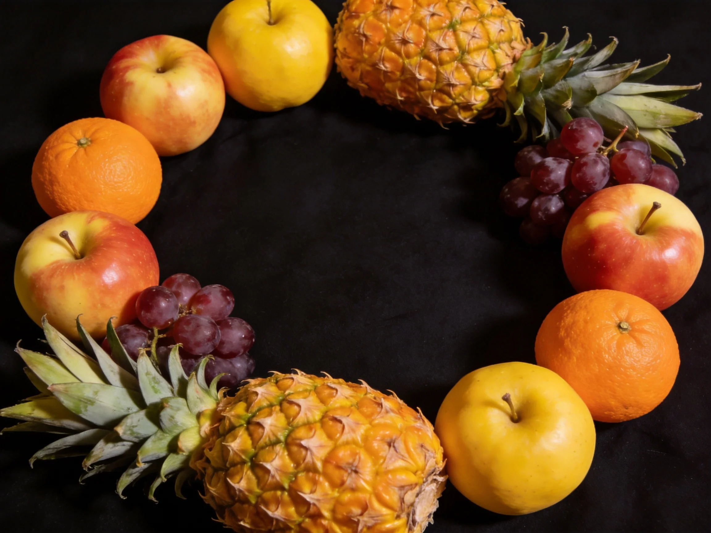 A circular arrangement of colorful fruits including apples, oranges, pineapples, and grapes