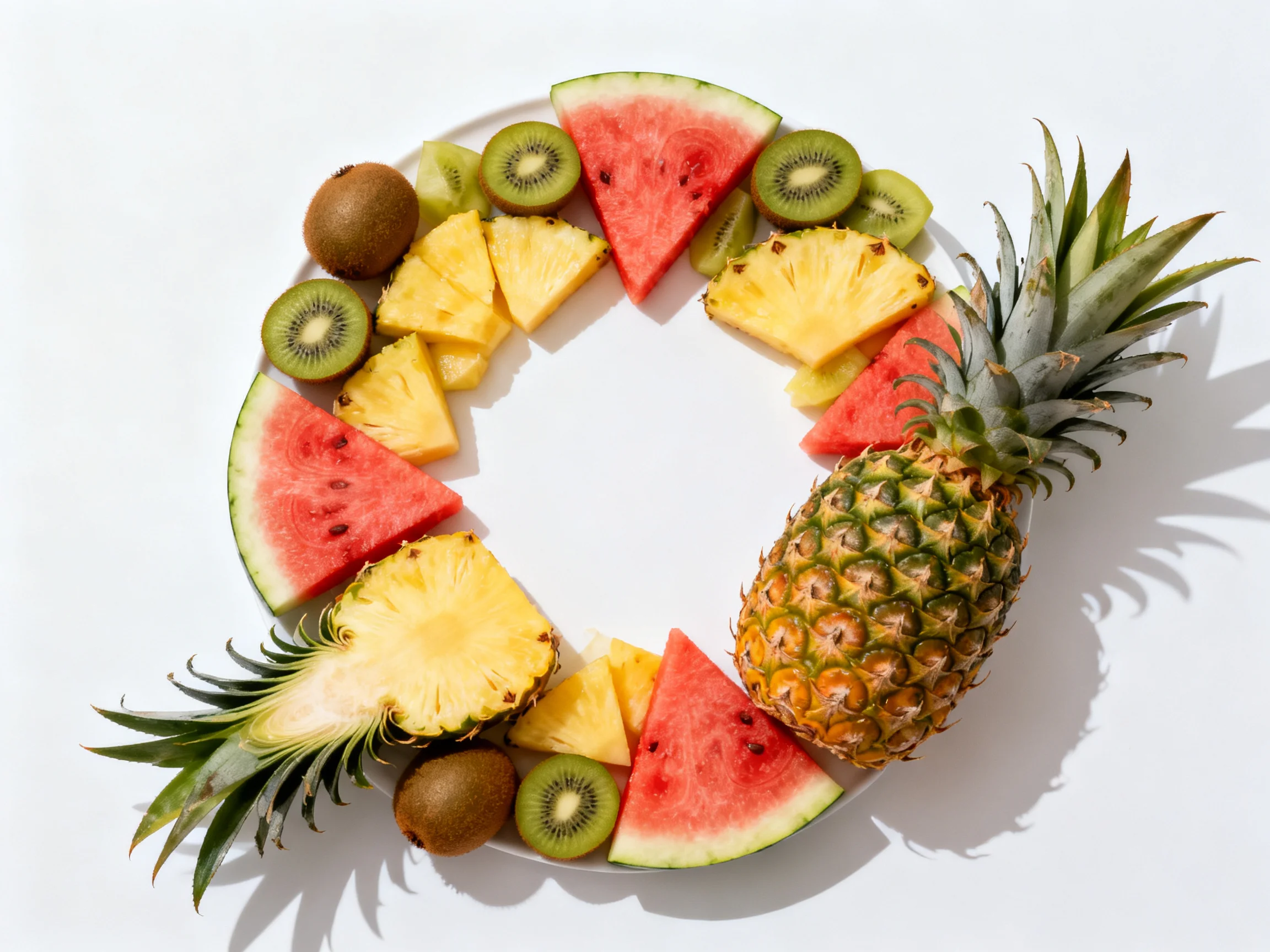 A circular fruit platter with watermelon, pineapple, kiwi, and whole pineapples