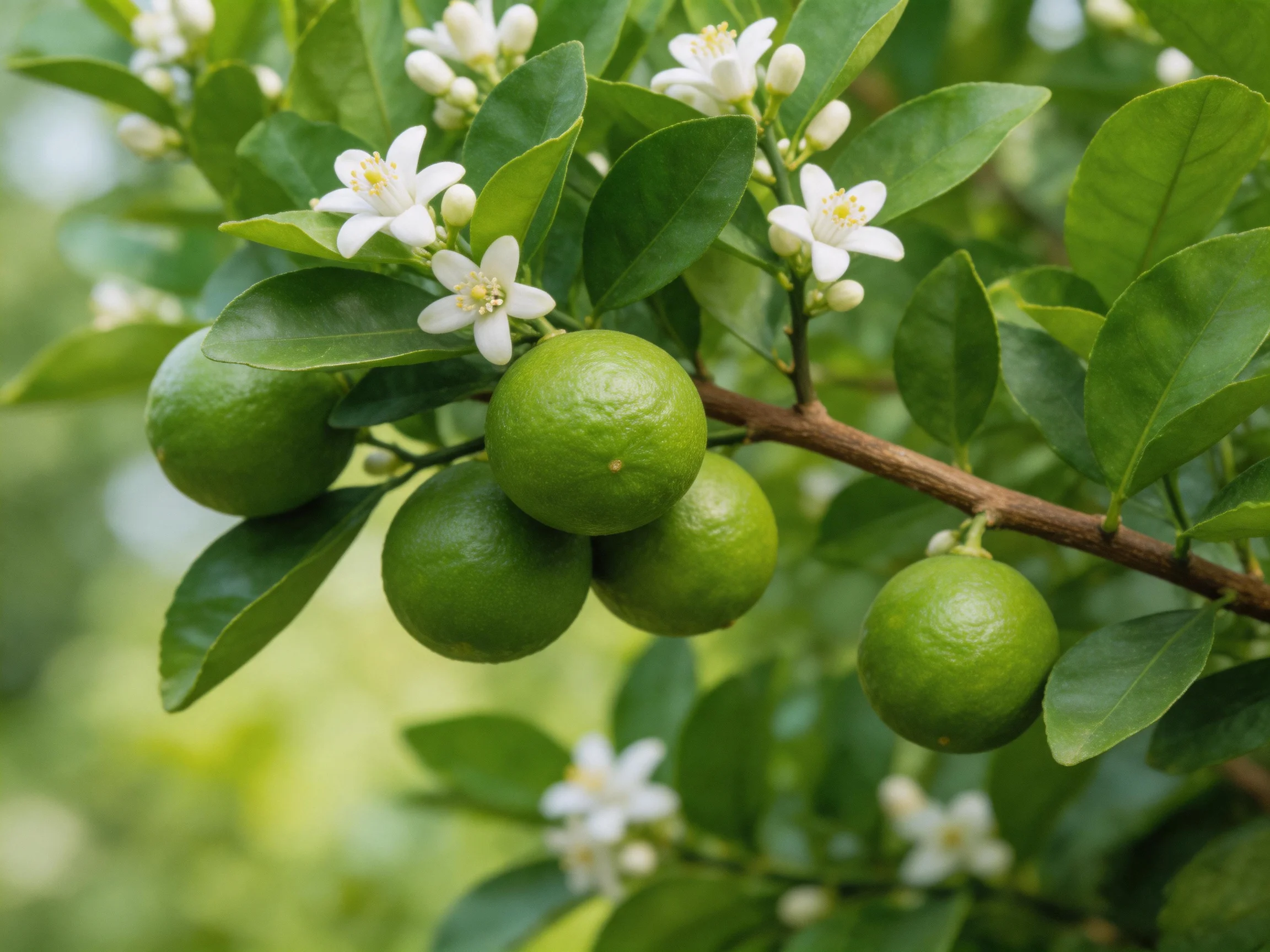 A citrus tree branch with green fruits and delicate white blossoms