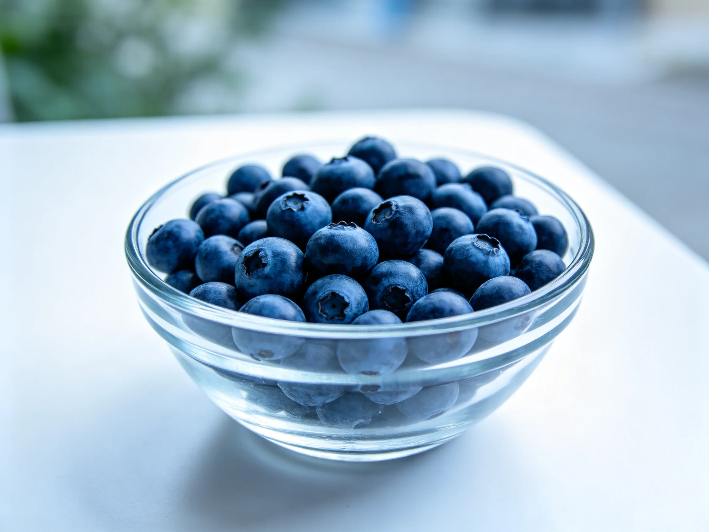 A clear glass bowl filled with abundant dark blueberries