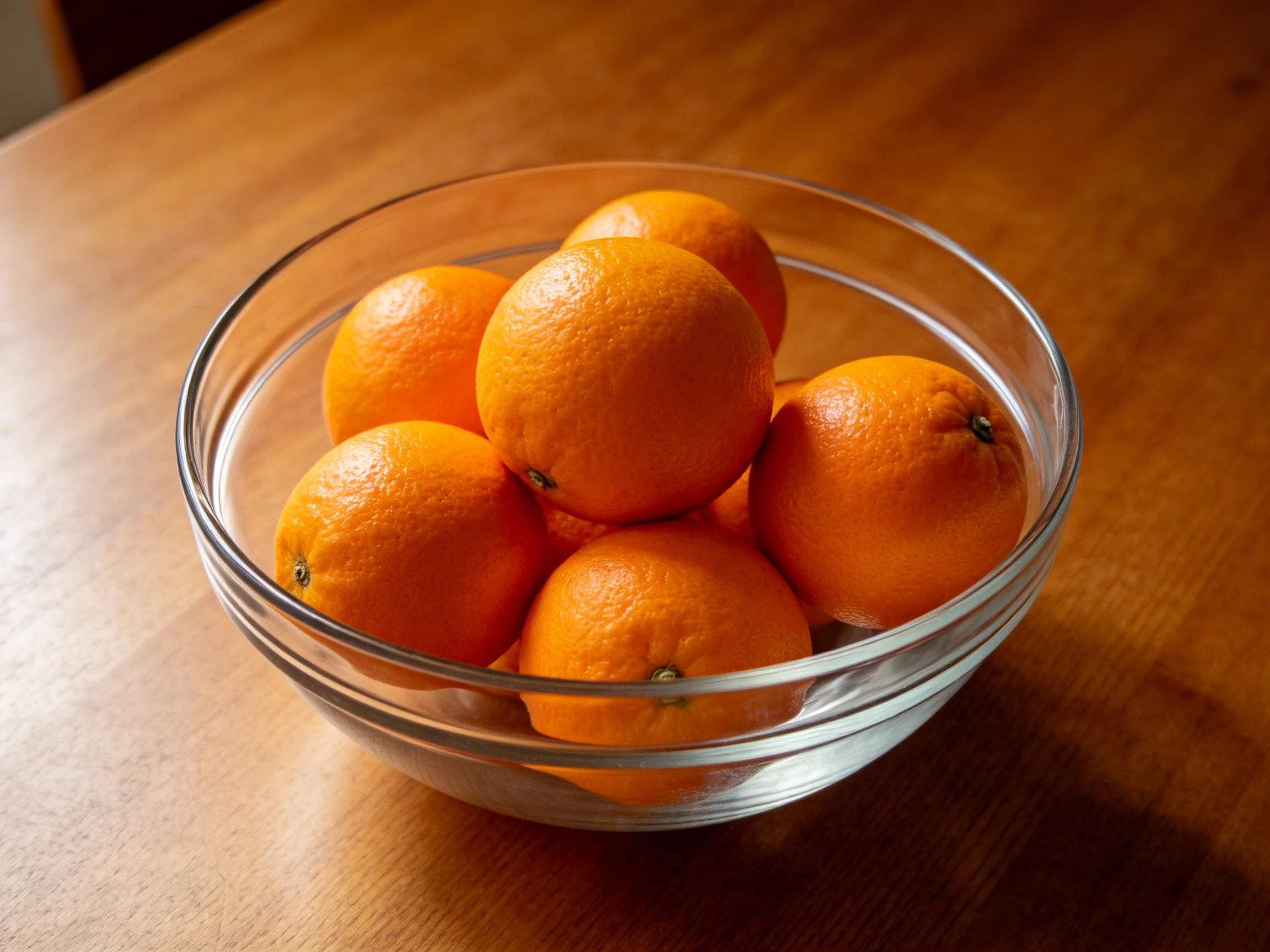 A clear glass bowl filled with bright orange citrus fruits
