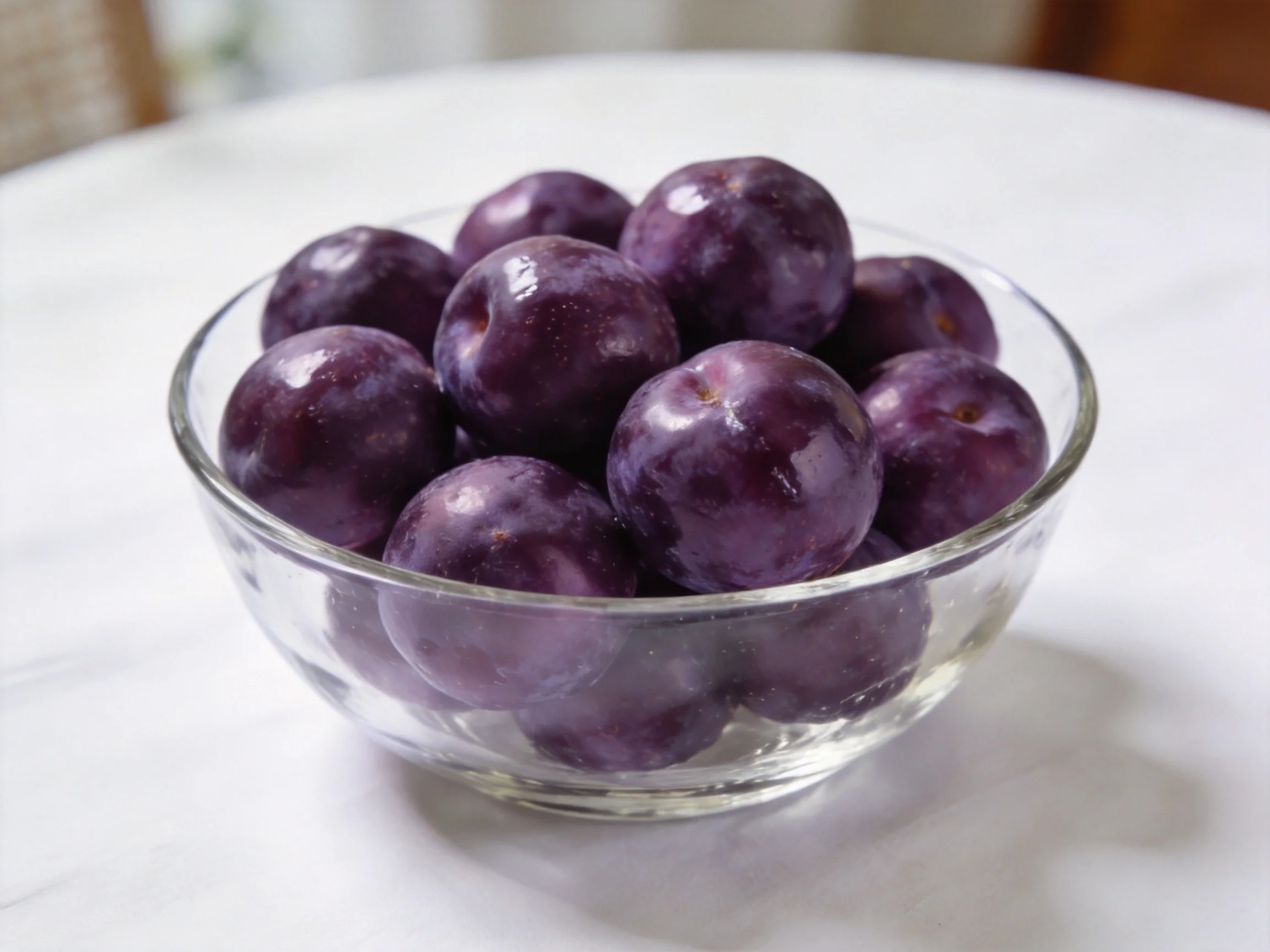 A clear glass bowl filled with dark purple plums sits on a white surface