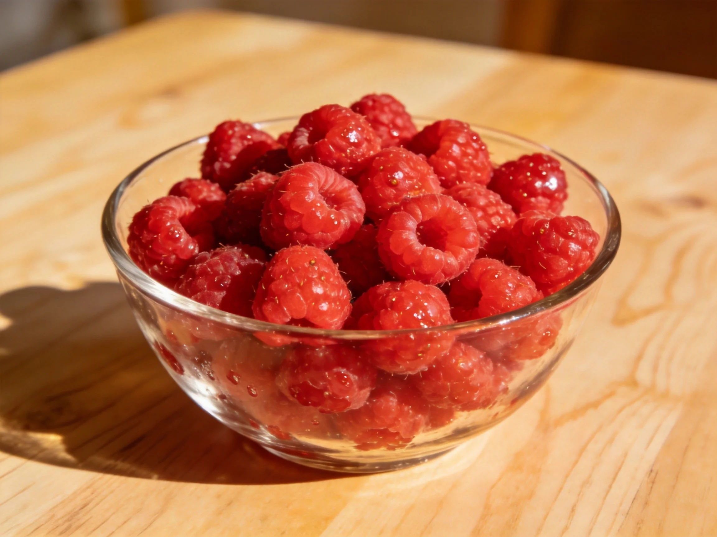 A clear glass bowl filled with numerous bright red raspberries on a wooden table