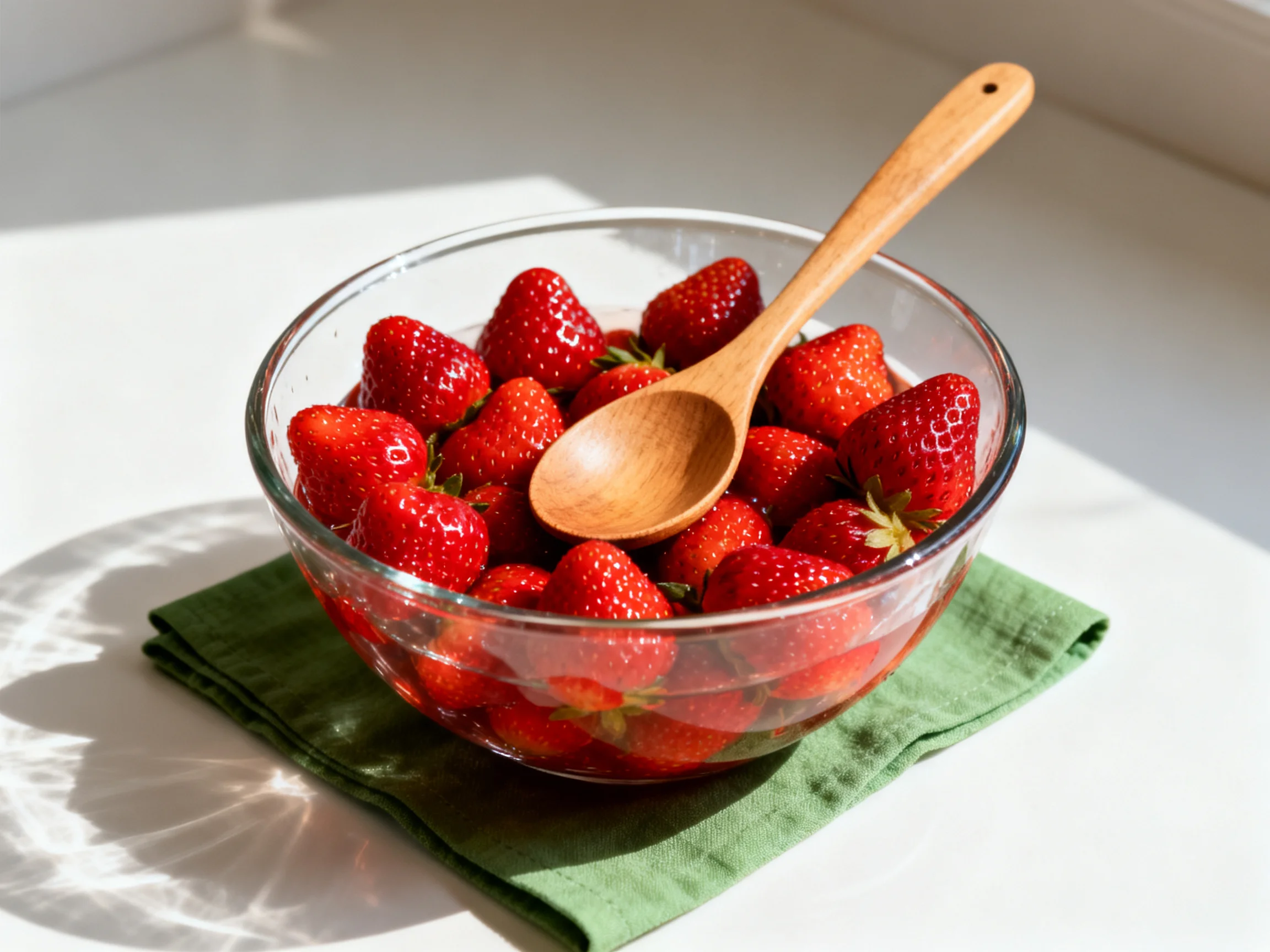 A clear glass bowl filled with ripe red strawberries, a wooden spoon, and green napkin