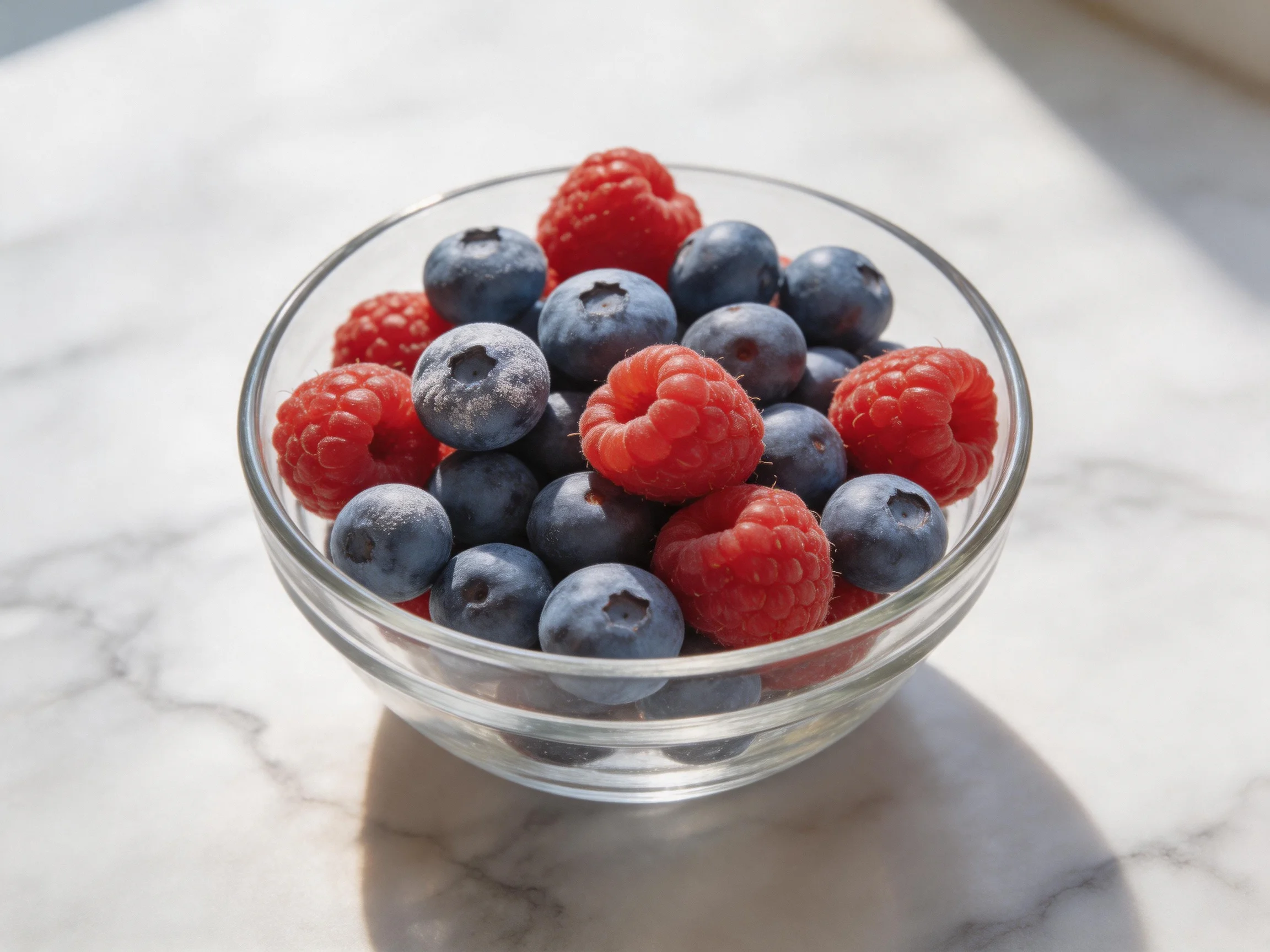 A clear glass bowl filled with vibrant raspberries and blueberries