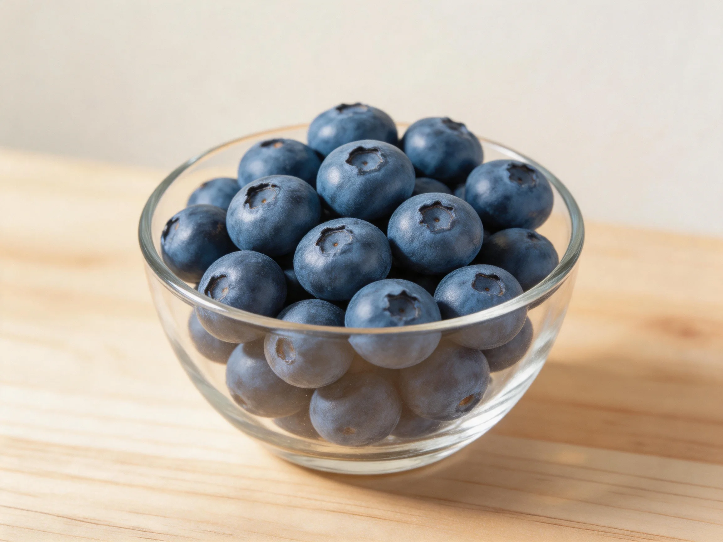A clear glass bowl holds numerous plump blueberries on a wooden surface