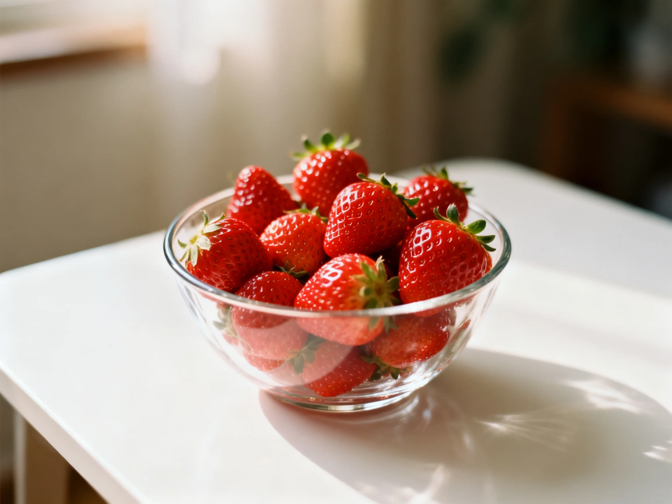 A clear glass bowl holds vibrant red strawberries on a white table