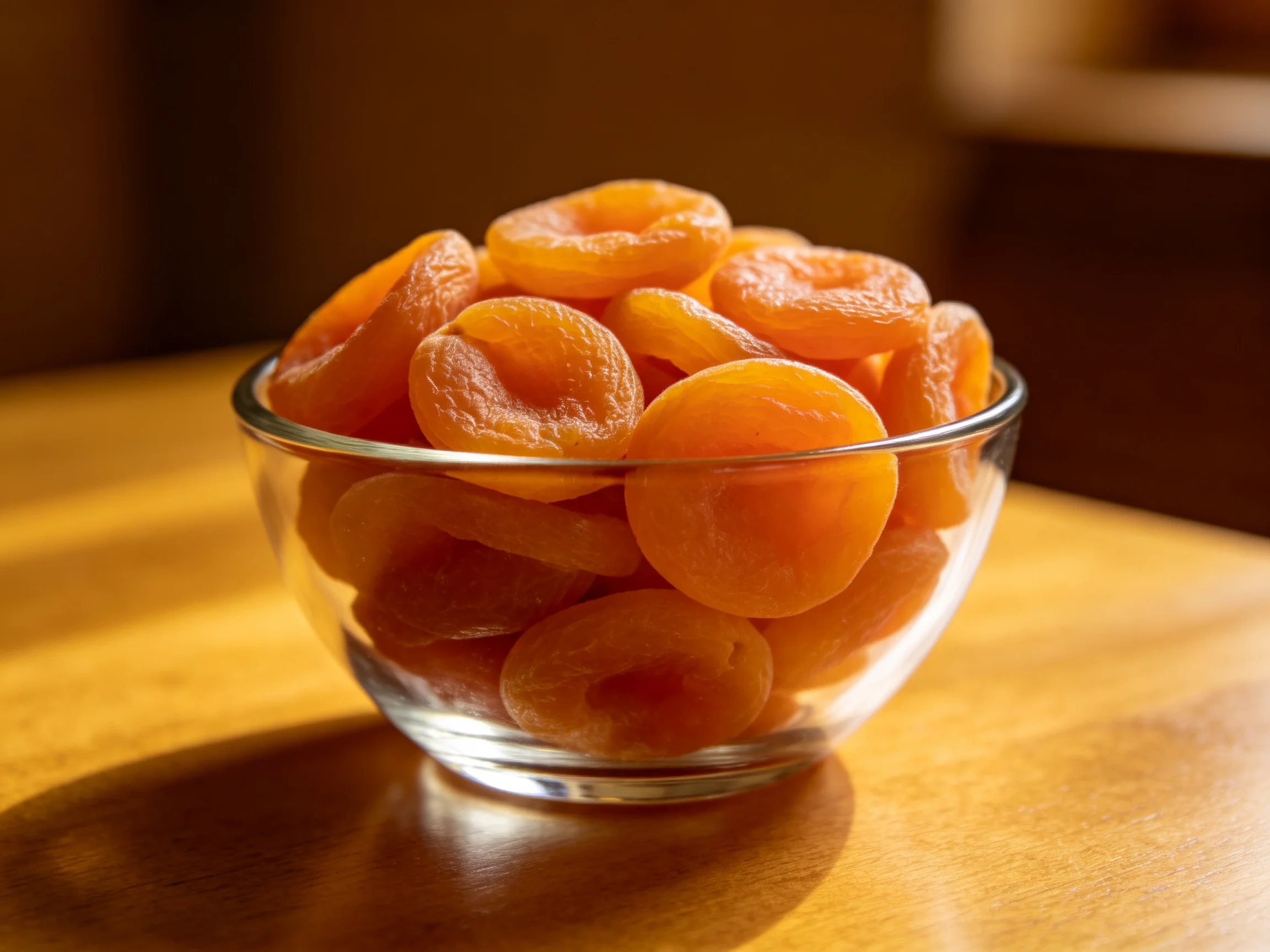 A clear glass bowl overflowed with plump orange dried apricots