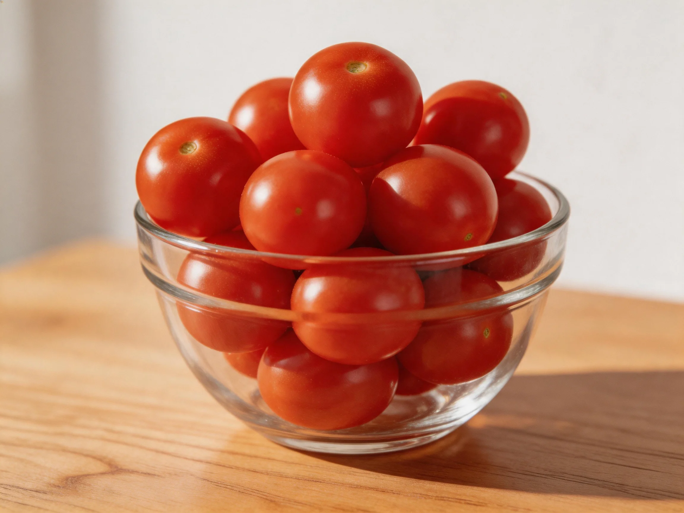 A clear glass bowl overflowing with plump red cherry tomatoes