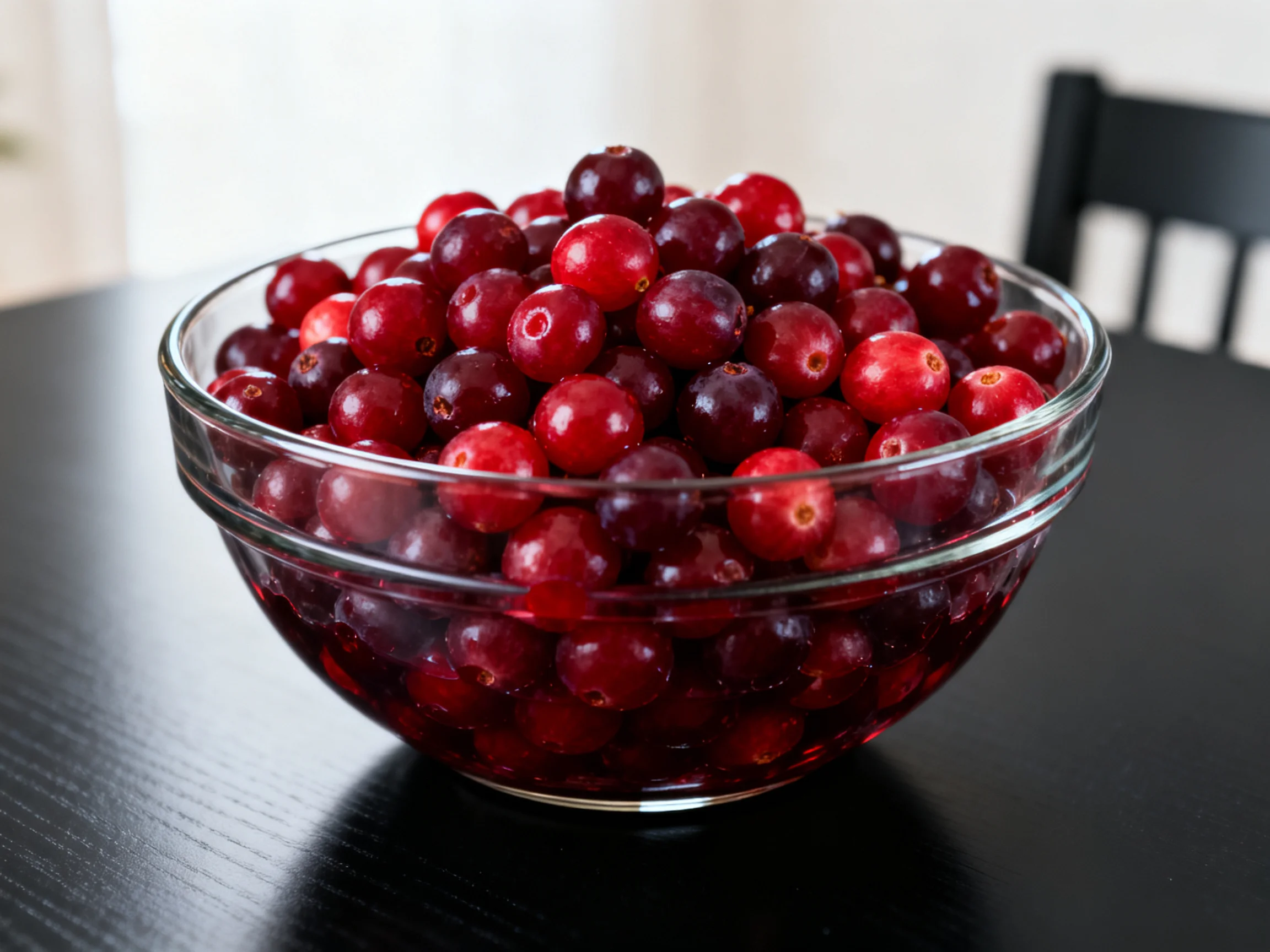 A clear glass bowl overflowing with red and dark purple cranberries