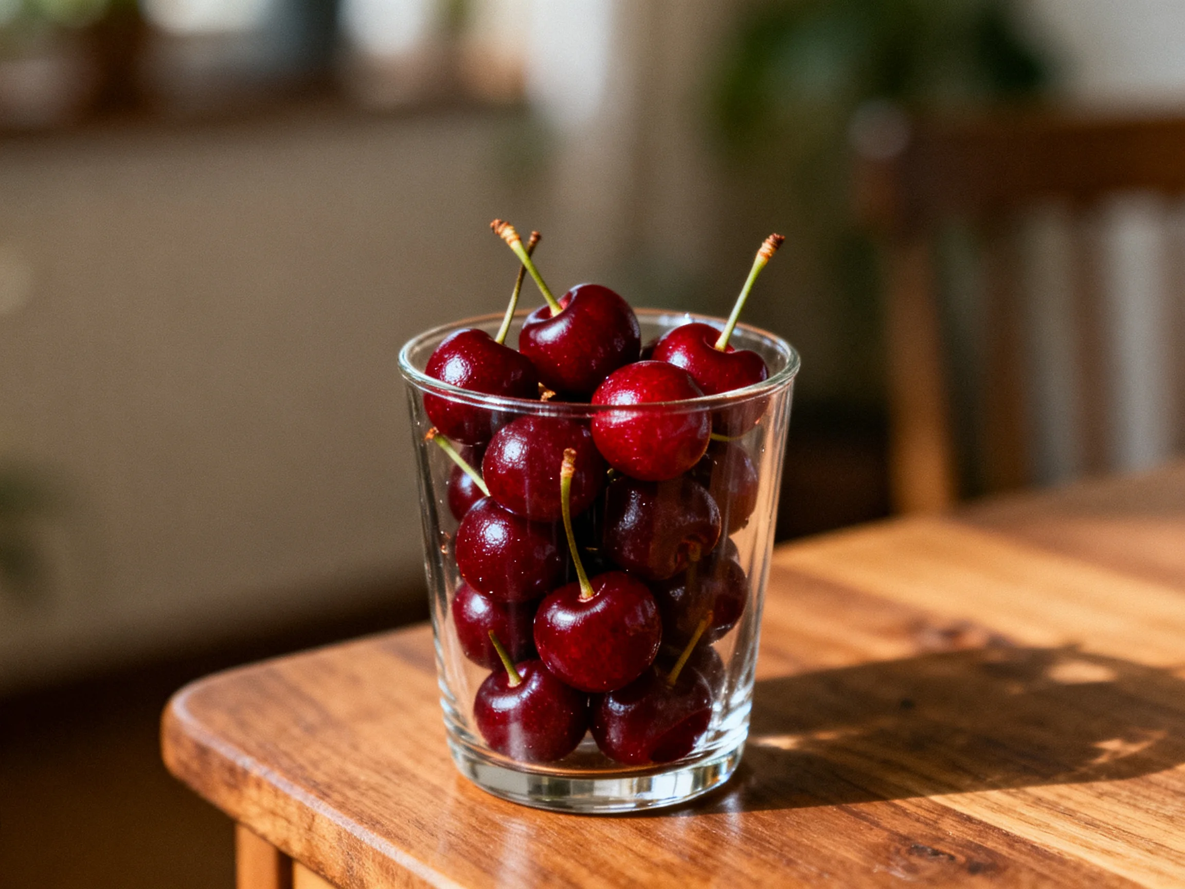 A clear glass filled with dark red cherries sits on a wooden table