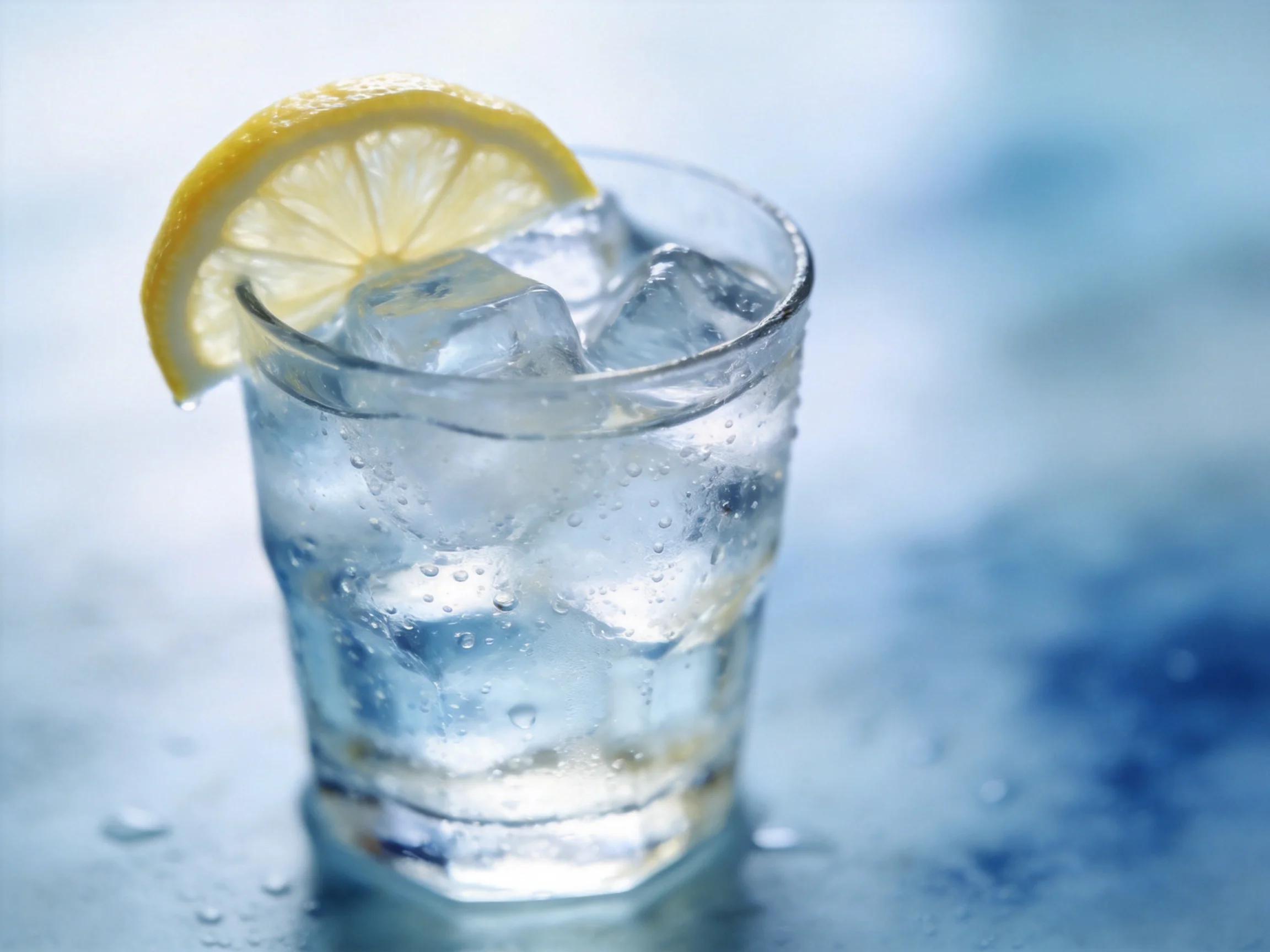 A clear glass filled with ice water and a lemon slice