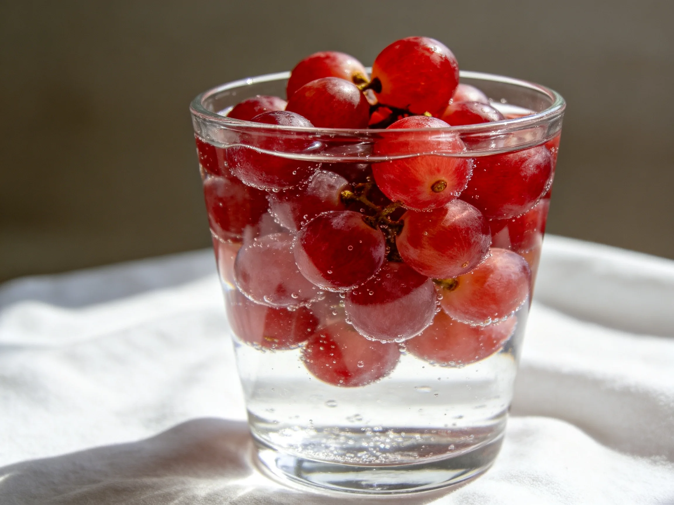 A clear glass filled with water and vibrant red grapes