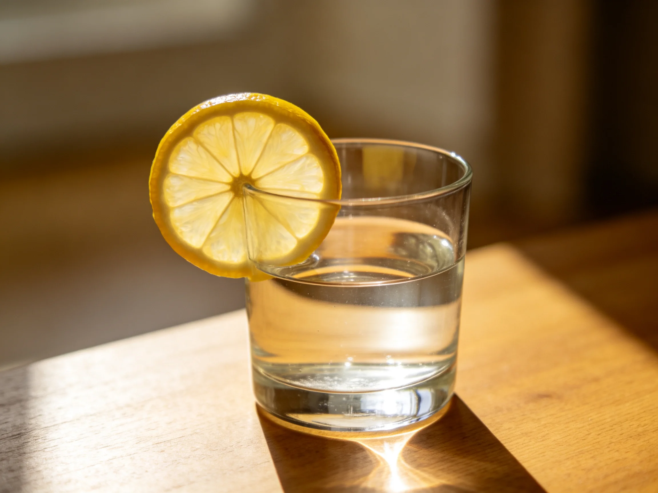 A clear glass holds water with a bright yellow lemon slice