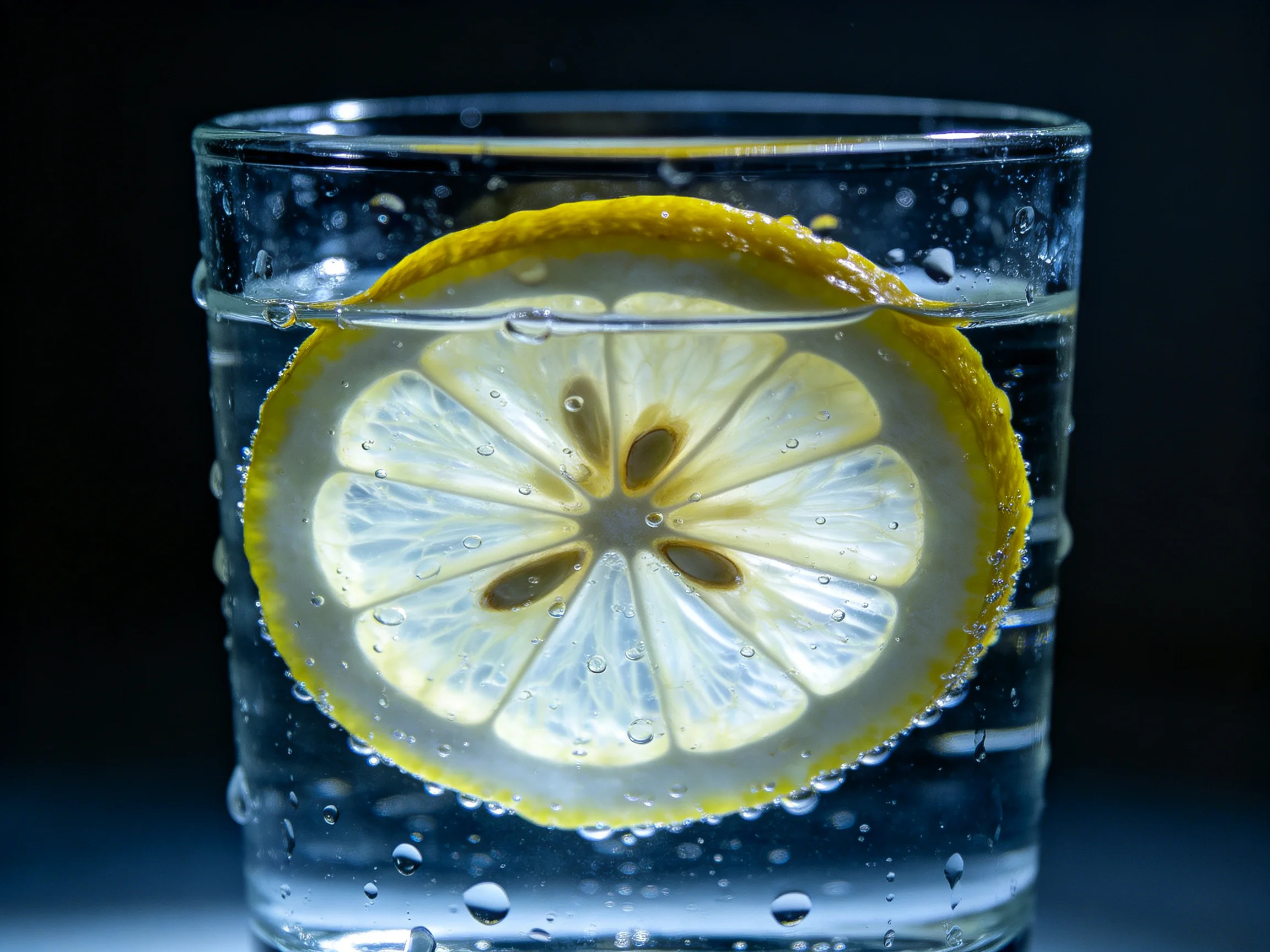 A clear glass with a single lemon slice submerged in water