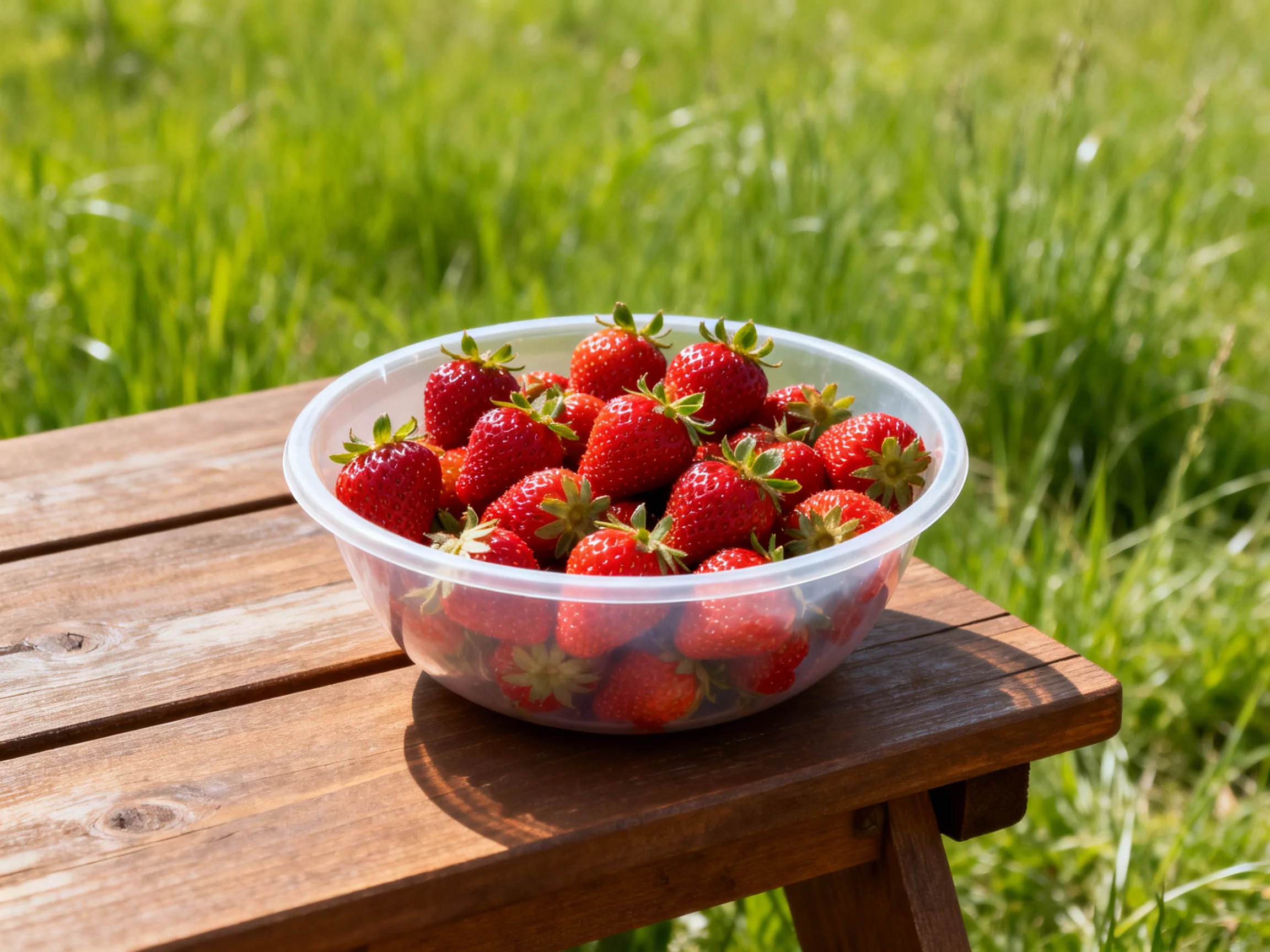 A clear plastic bowl brimming with bright red strawberries rests on a wooden bench.