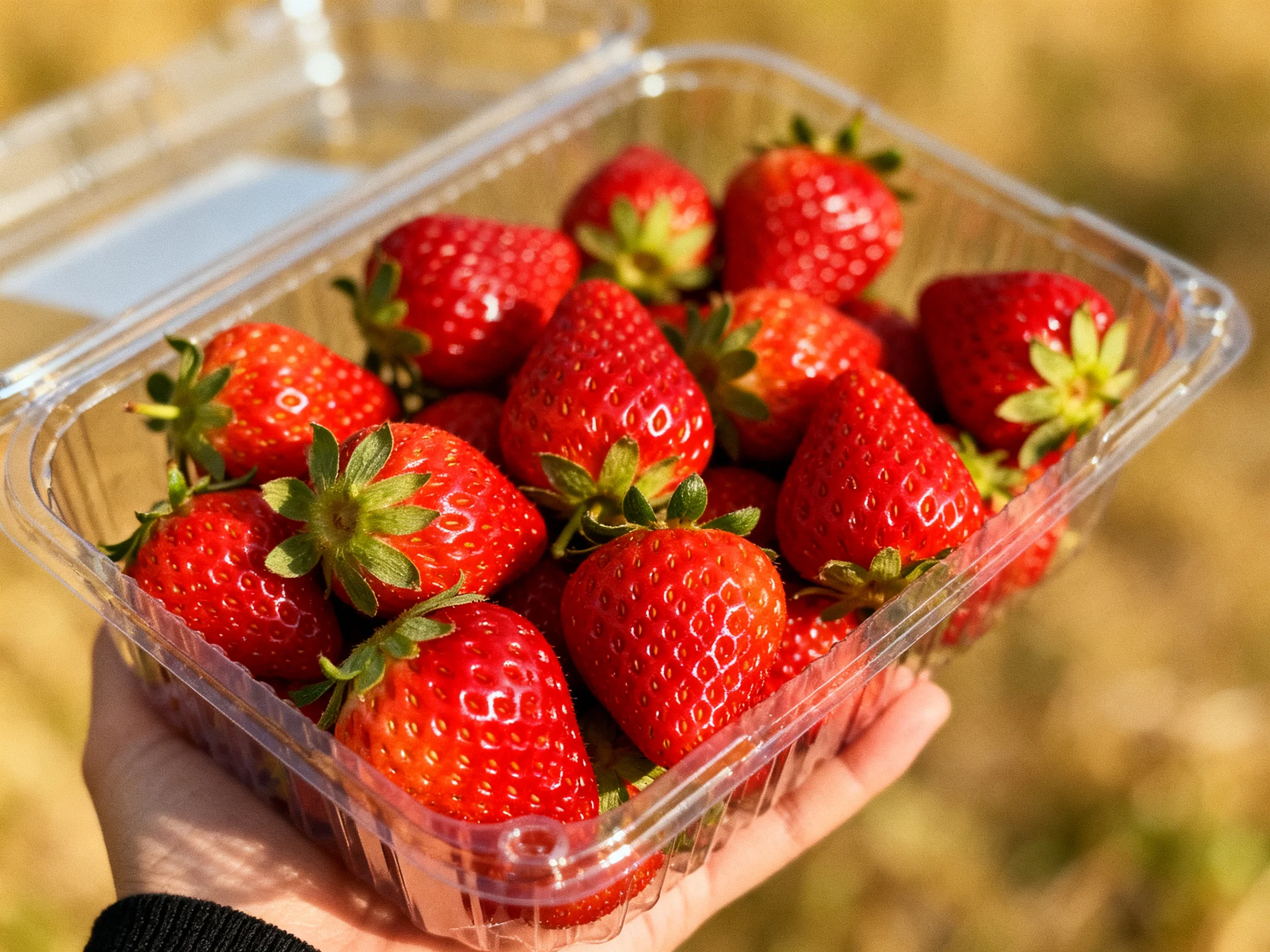 A clear plastic container holds numerous vibrant red strawberries with green stems