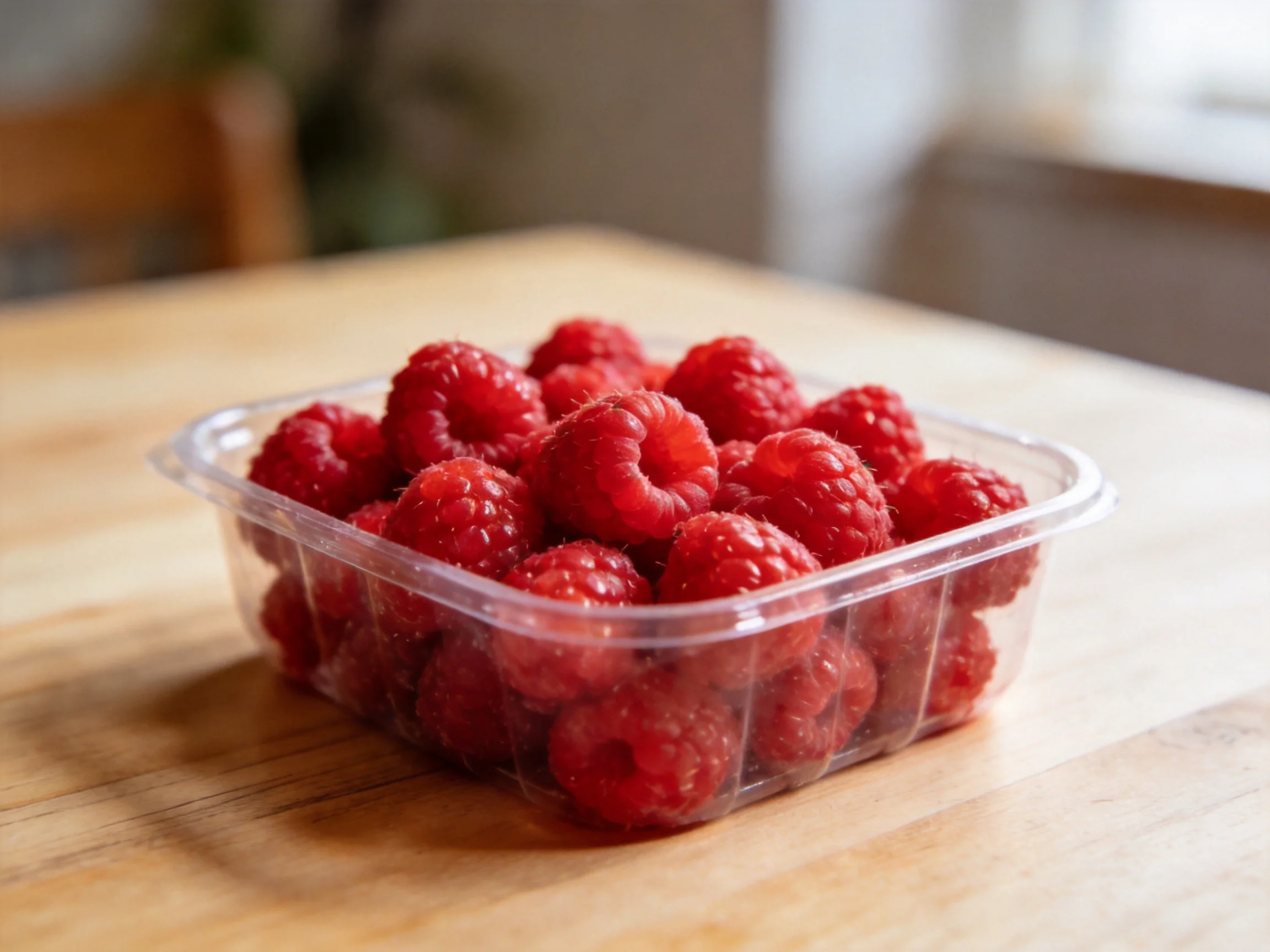 A clear plastic container holds vibrant red raspberries on a wooden table