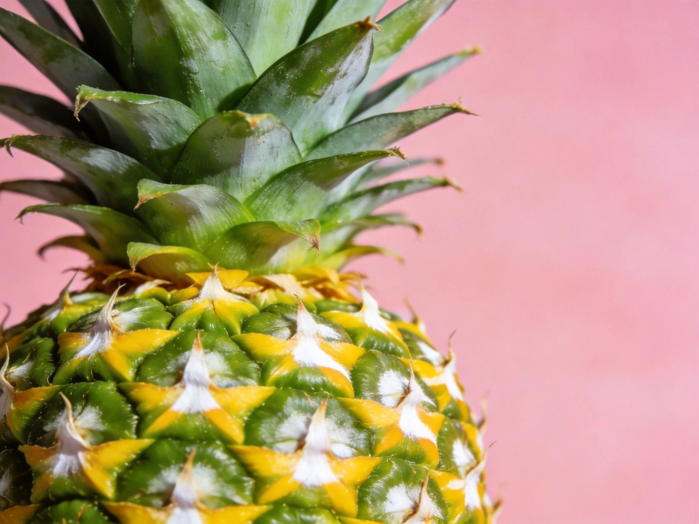 A close-up of a pineapple with spiky green crown and green-yellow textured skin against pink backgrou