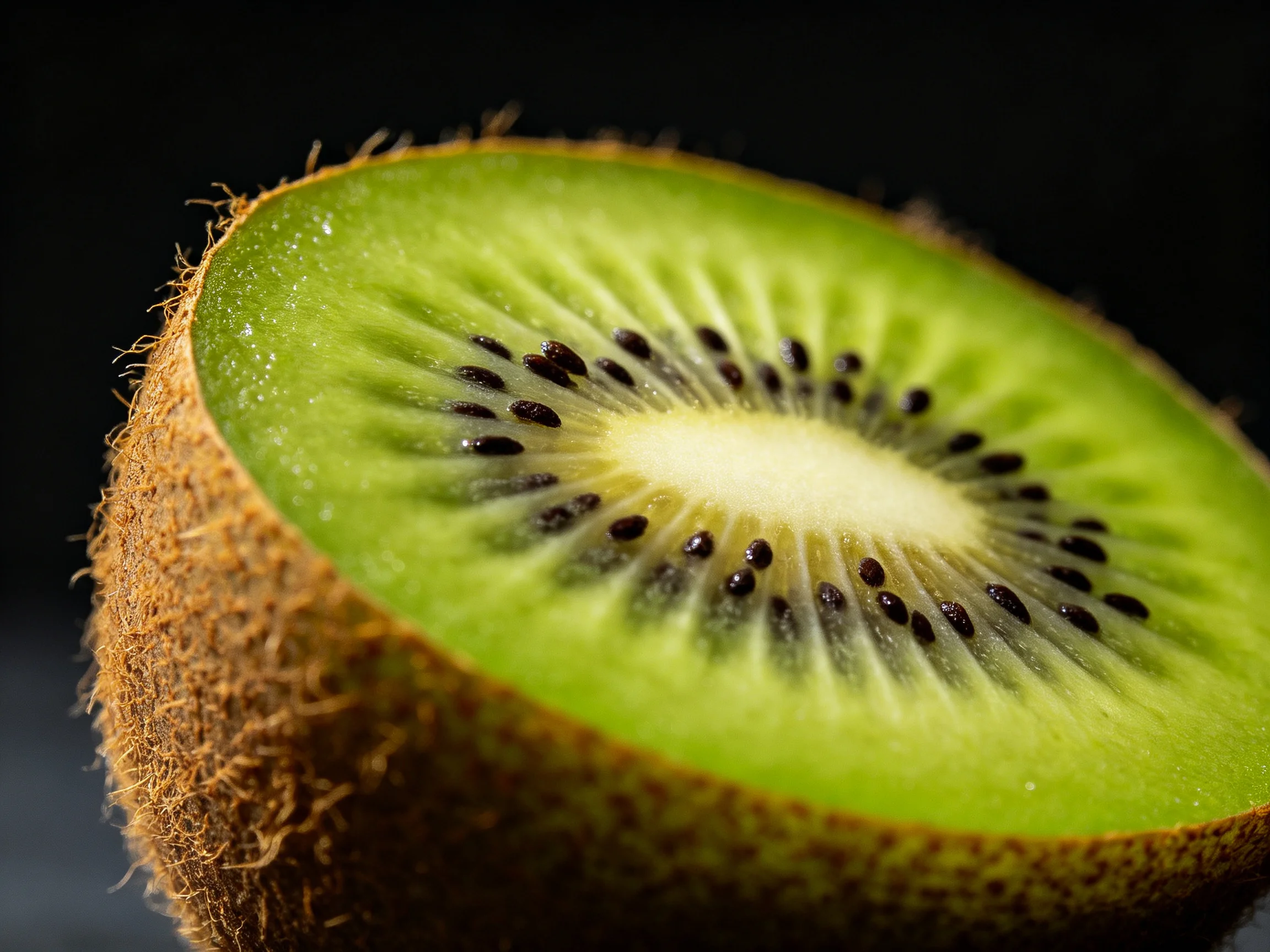A close - up of a sliced green kiwi with brown fuzzy skin