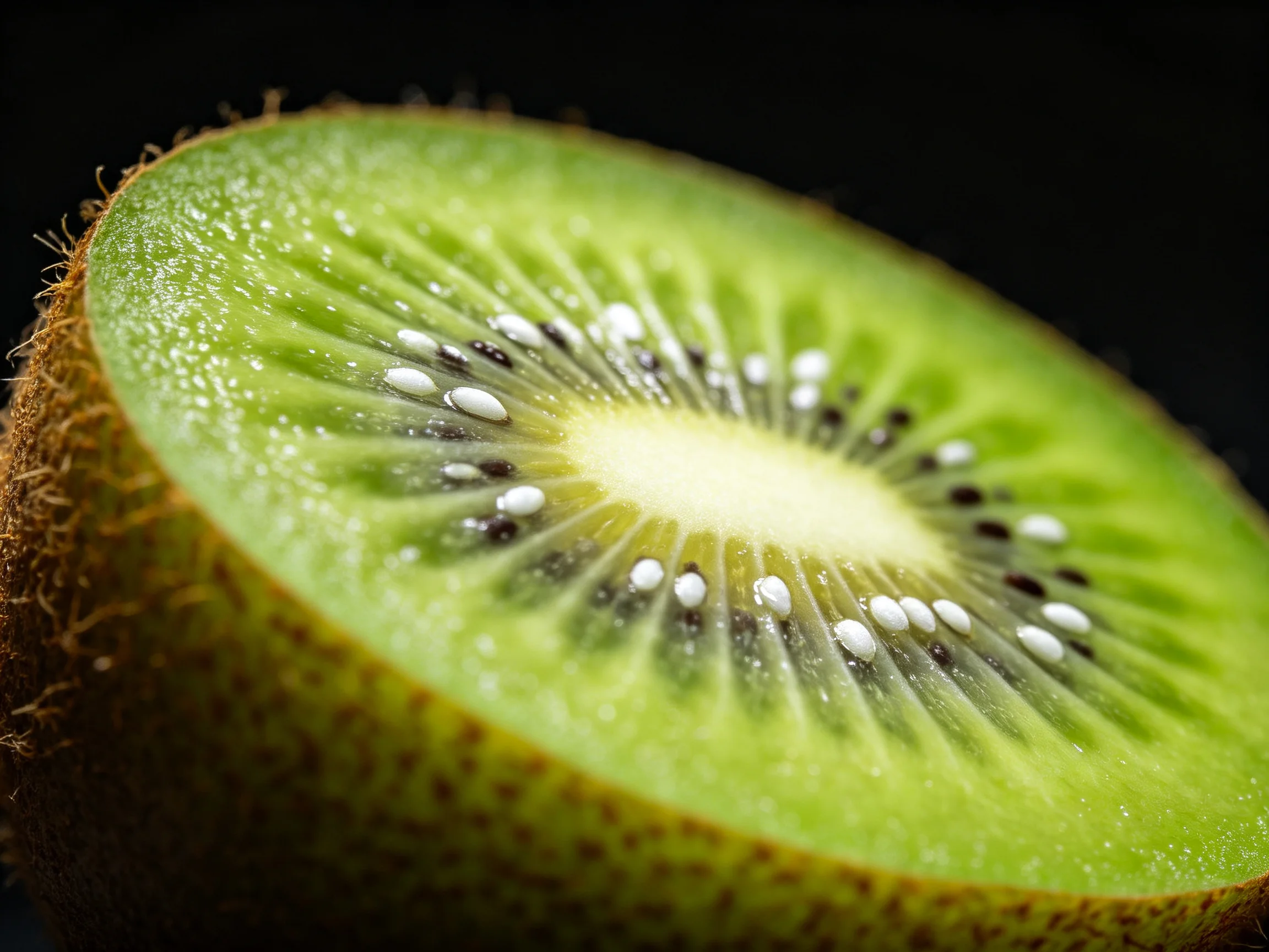 A close-up of a sliced green kiwi with visible seeds