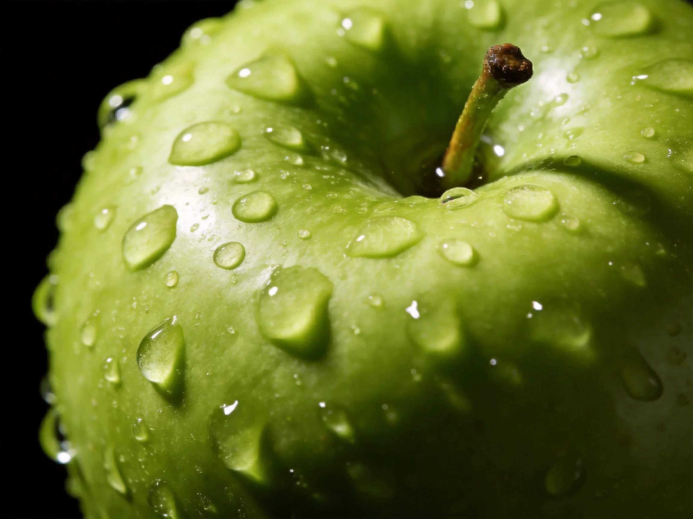 A close - up of a vibrant green apple with glistening water droplets