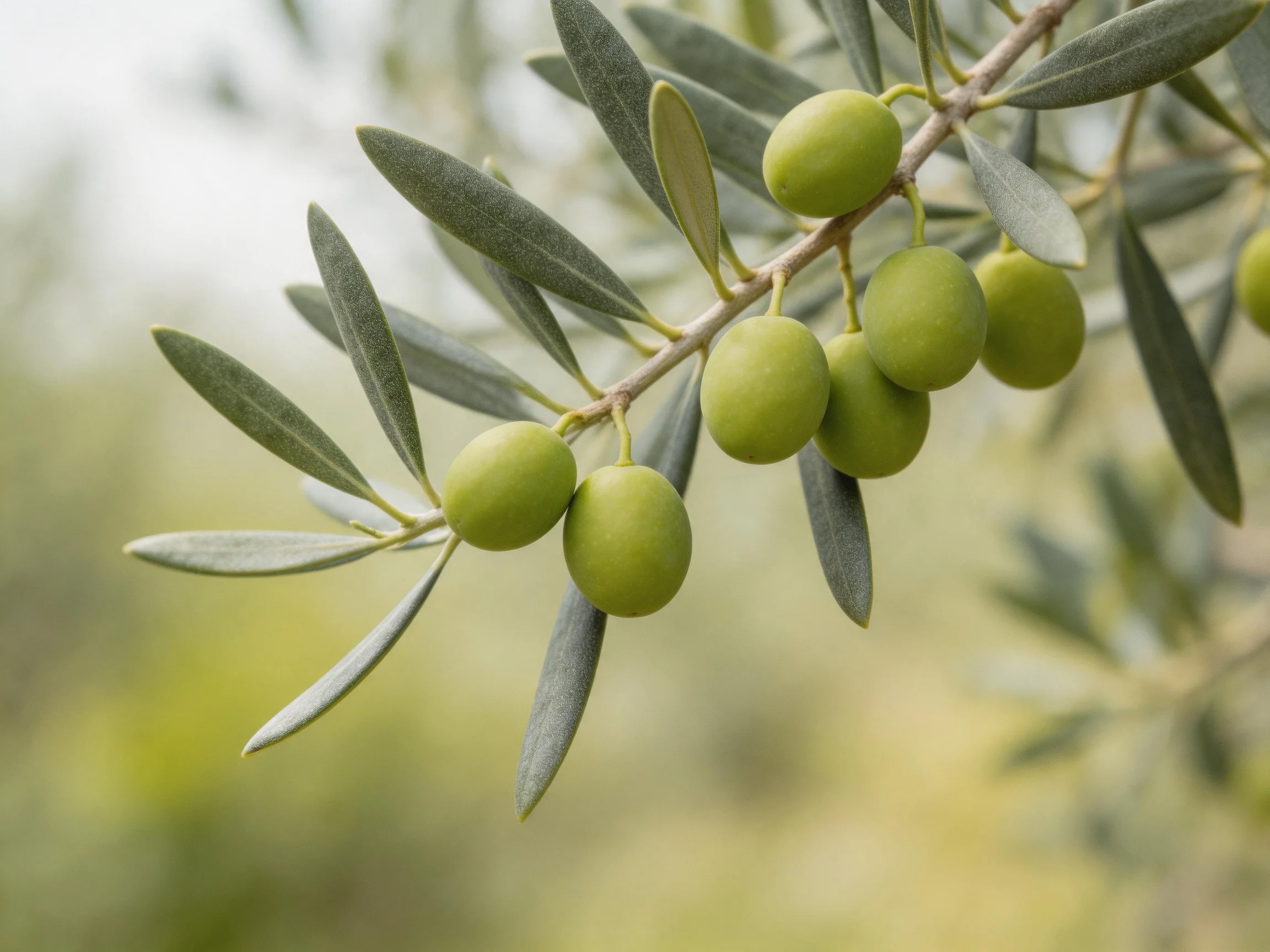 A close-up of an olive branch with green olives and elongated silvery-green leaves
