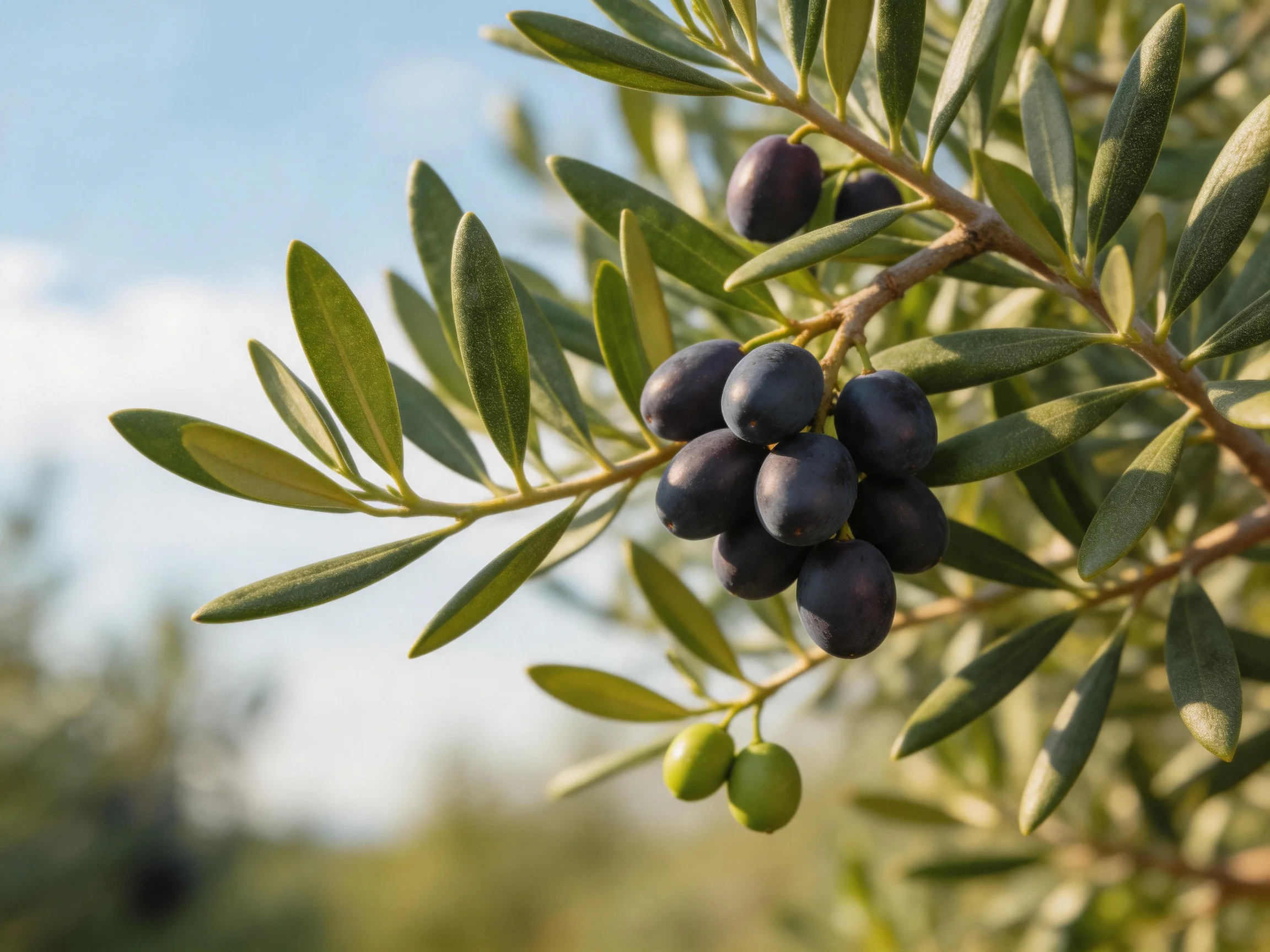A close - up of an olive tree branch with dark and green olives
