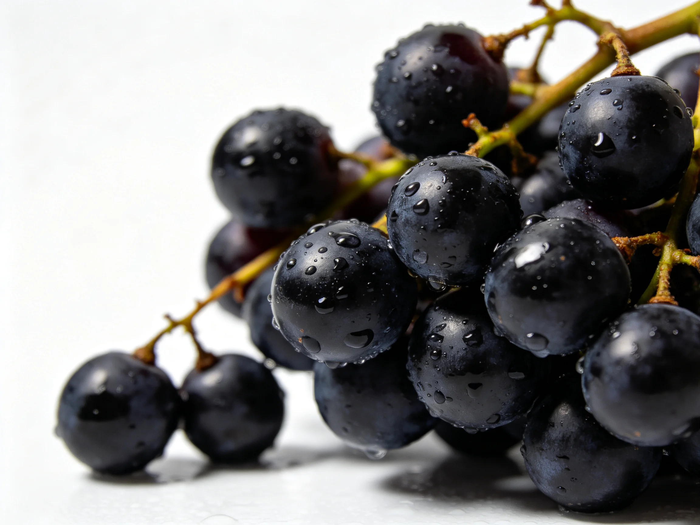 A close-up of glossy black grapes with water droplets