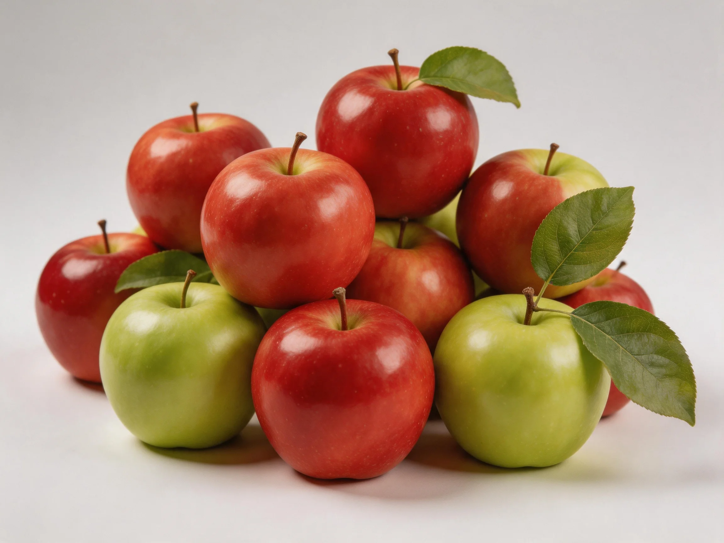 A close-up of glossy red and green apples stacked in a pyramid