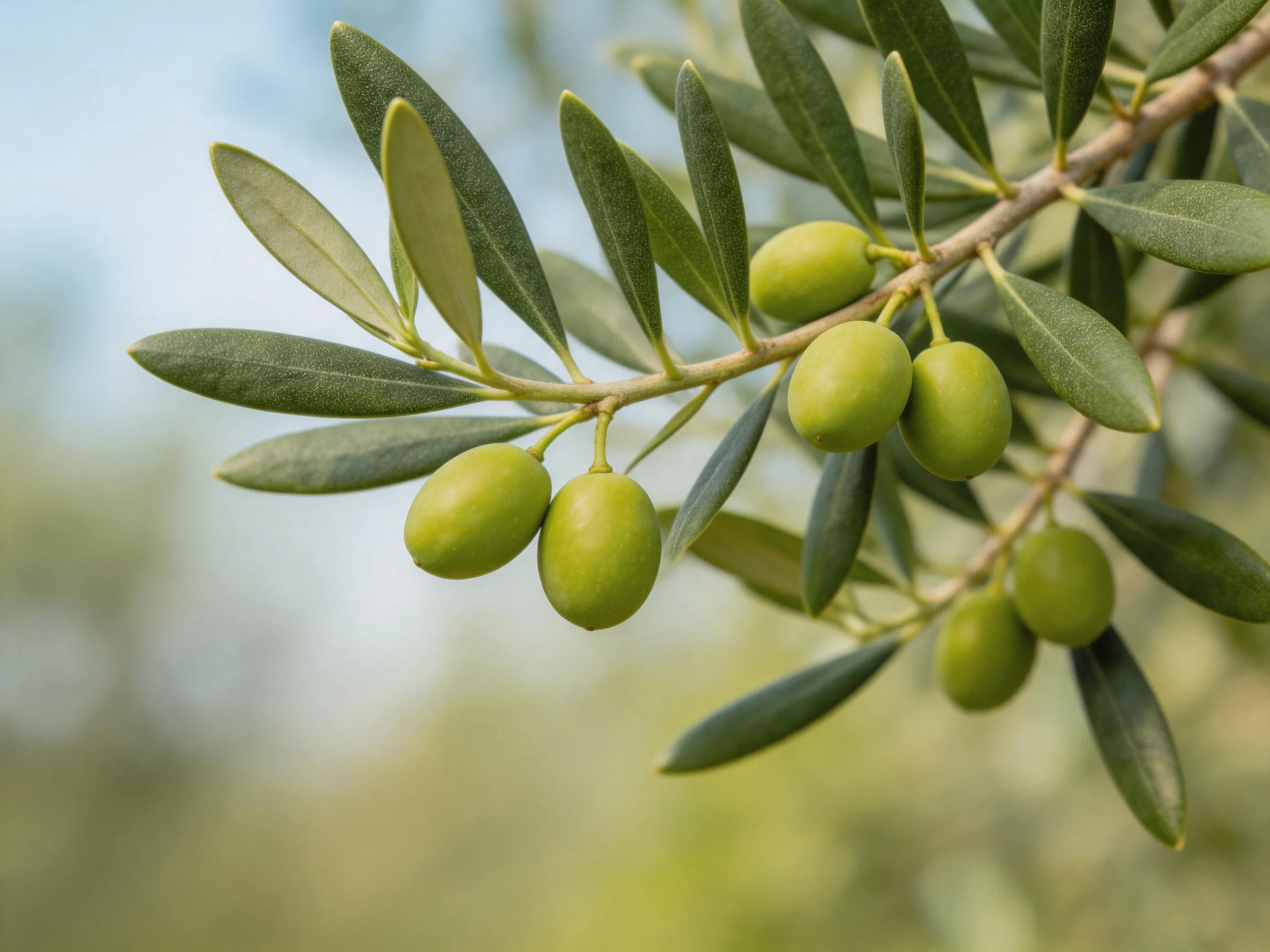 A close - up view of an olive branch with green olives and elongated leaves