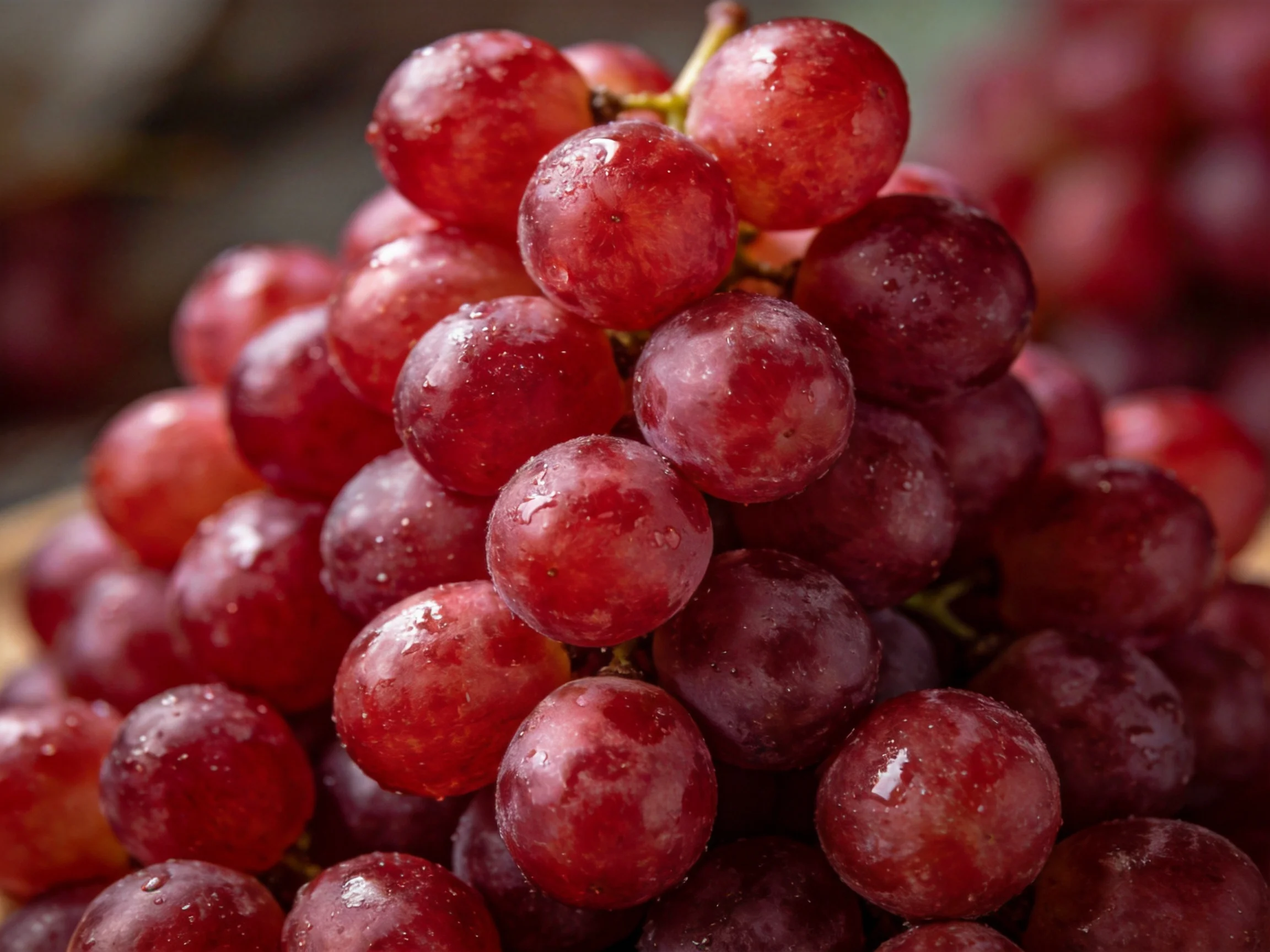 A close - up view of fresh red grapes with water droplets