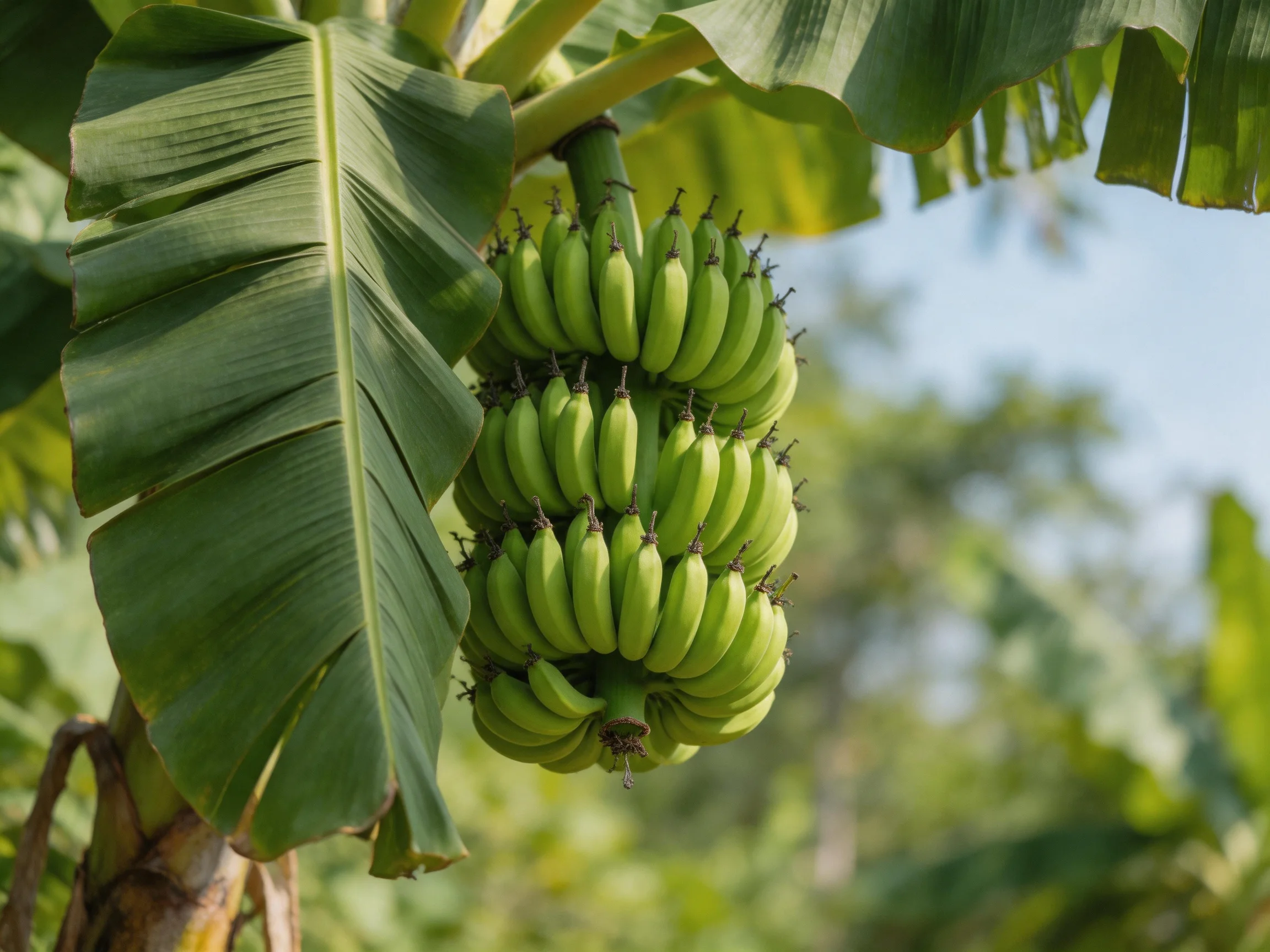A cluster of bright green bananas hangs from a banana tree with broad leaves.
