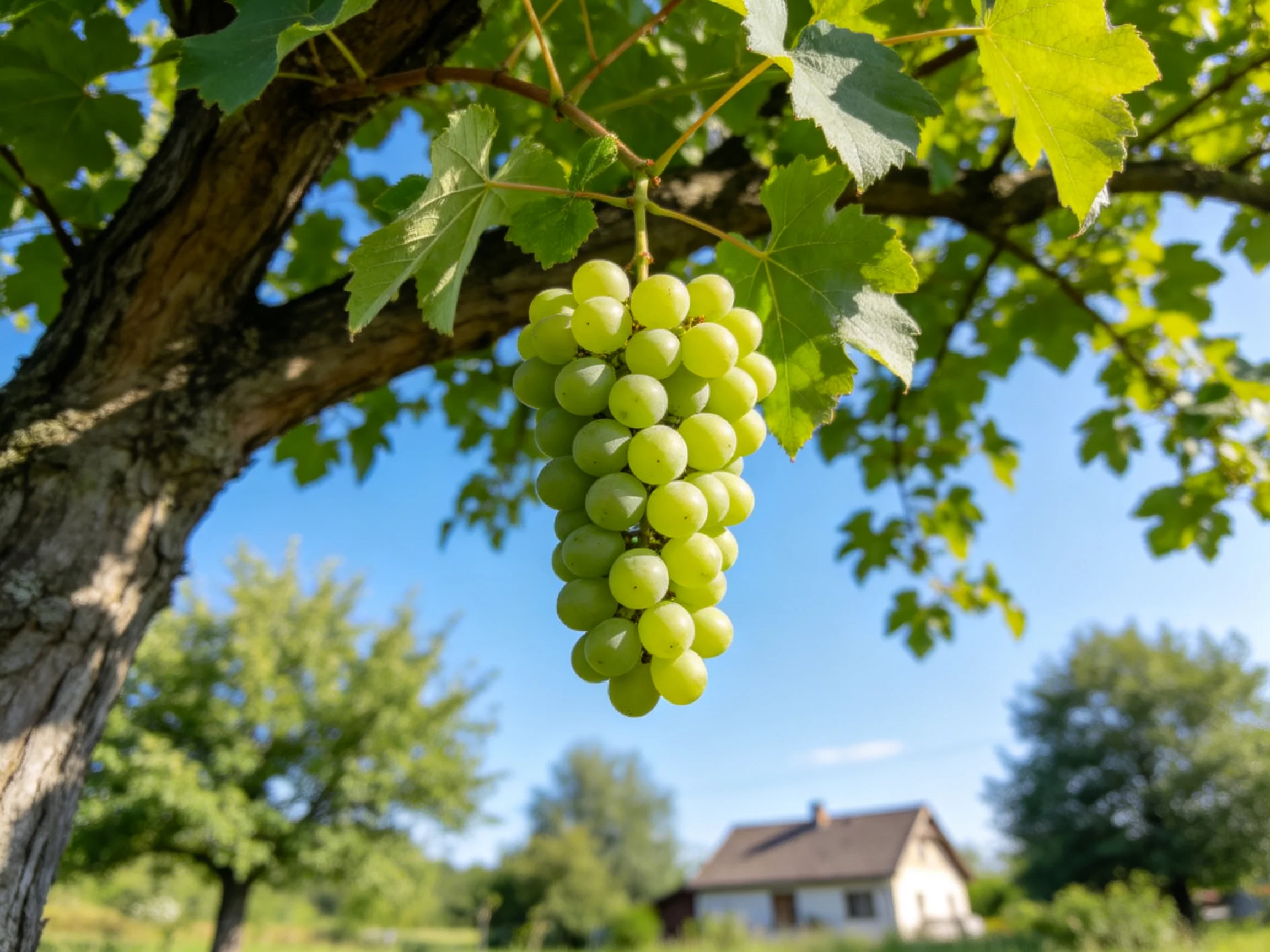A cluster of bright green grapes hangs from a gnarled vine near a countryside home.