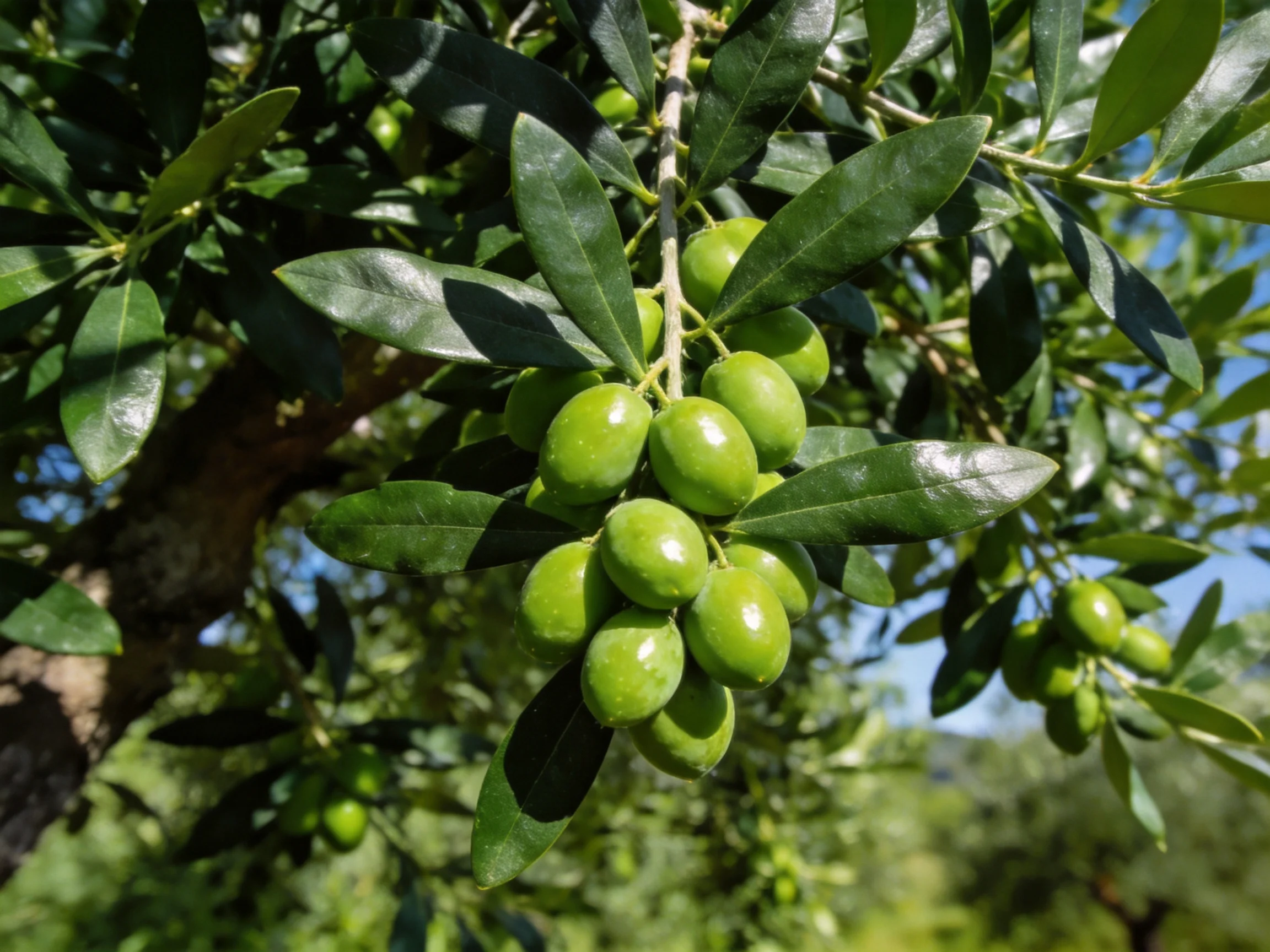 A cluster of bright green olives grows on an olive tree branch