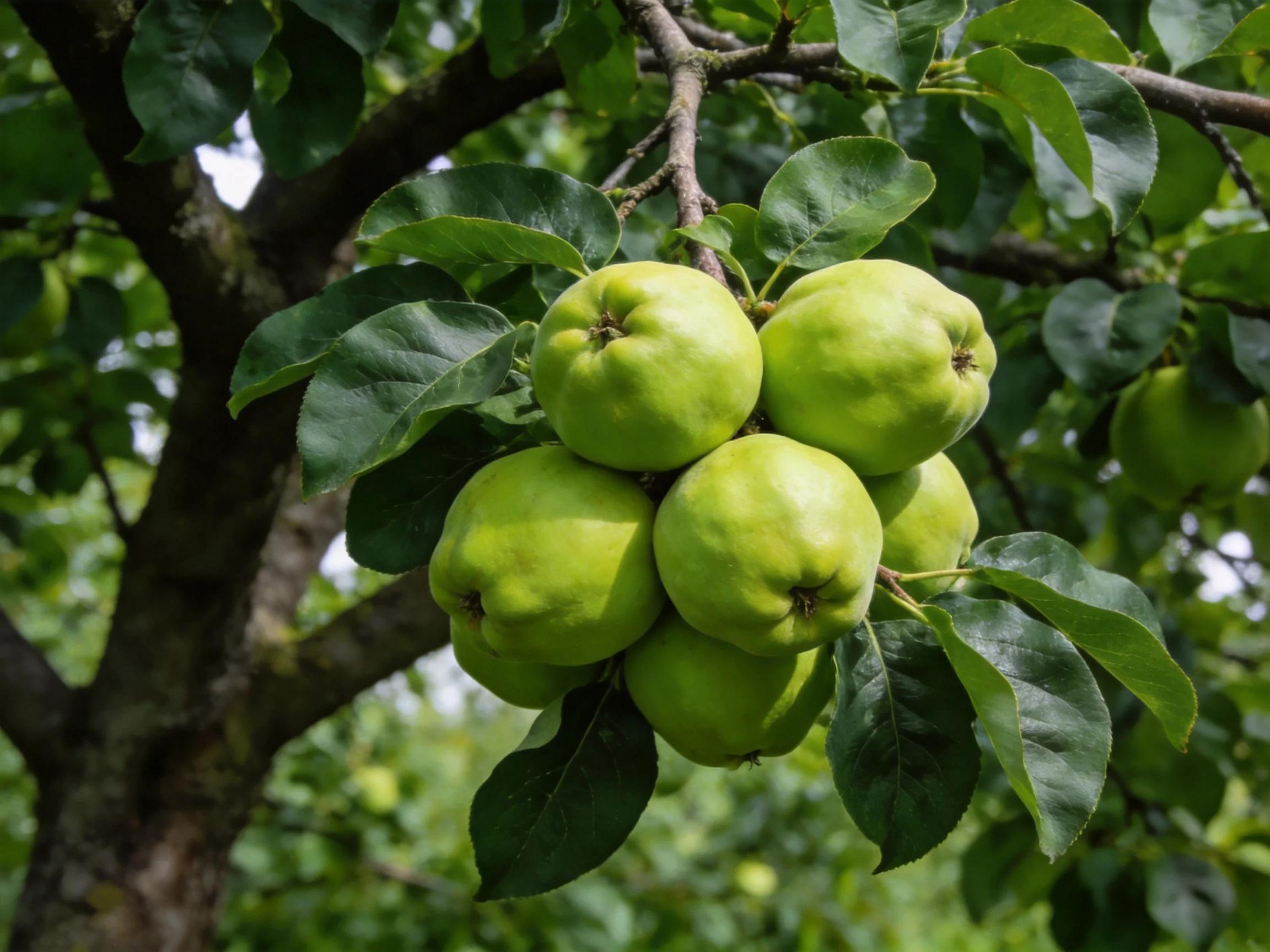 A cluster of bright green pears grows on a leafy tree branch