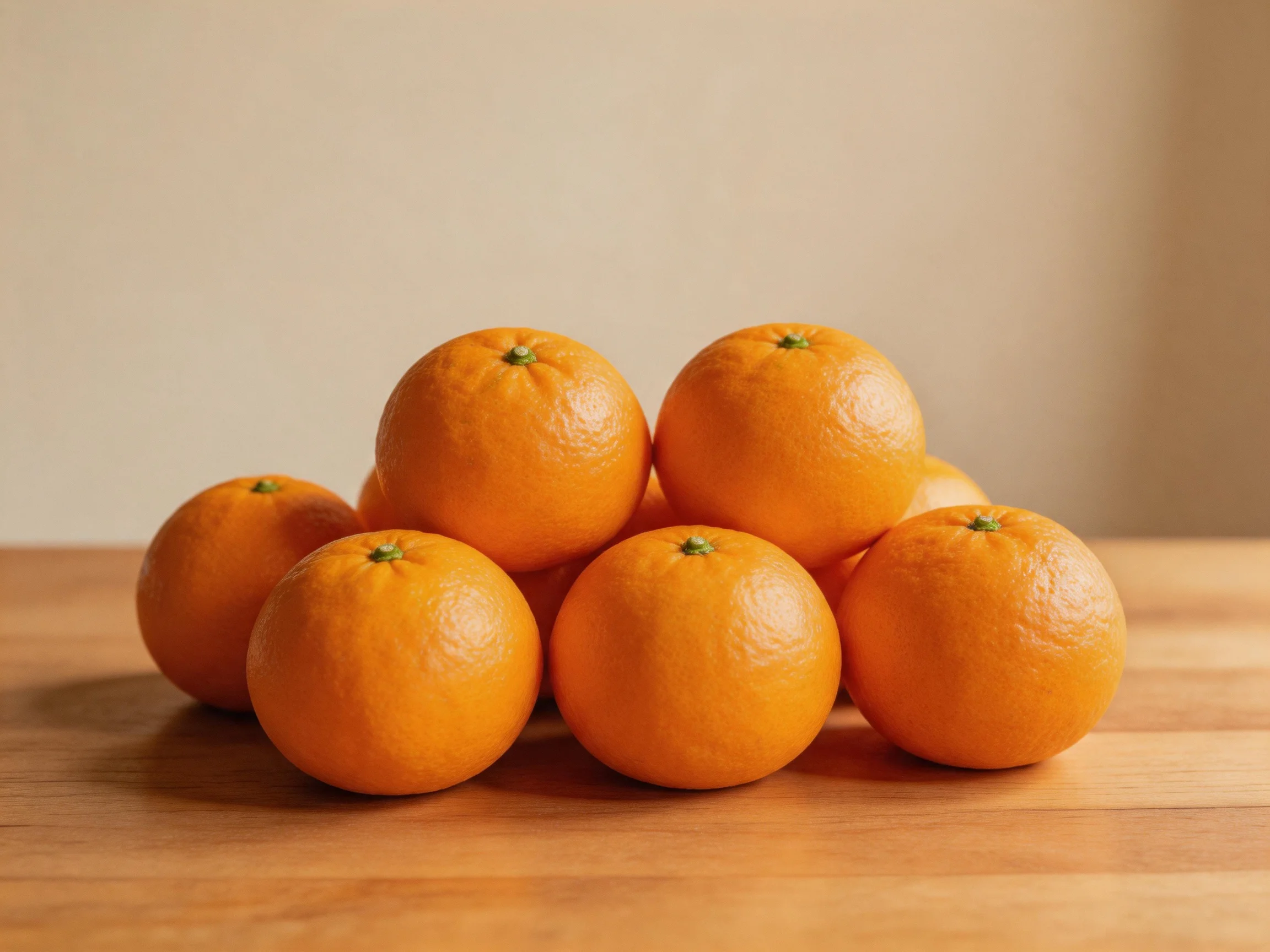 A cluster of bright orange citrus fruits arranged on a wooden table