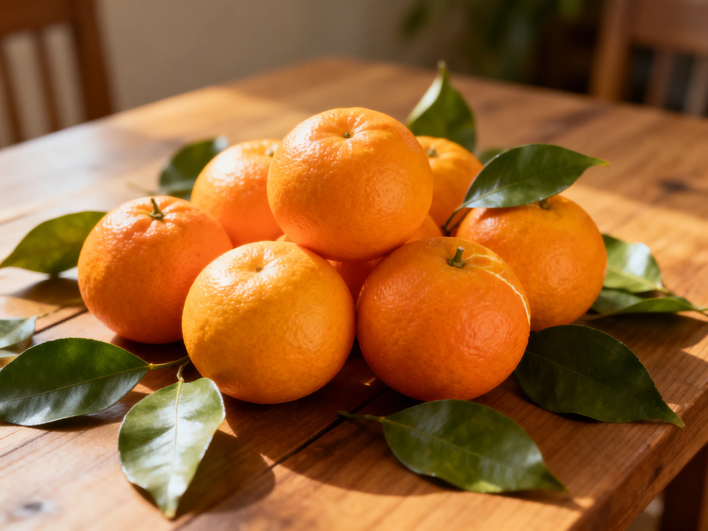 A cluster of bright orange citrus fruits with green leaves on a wooden table