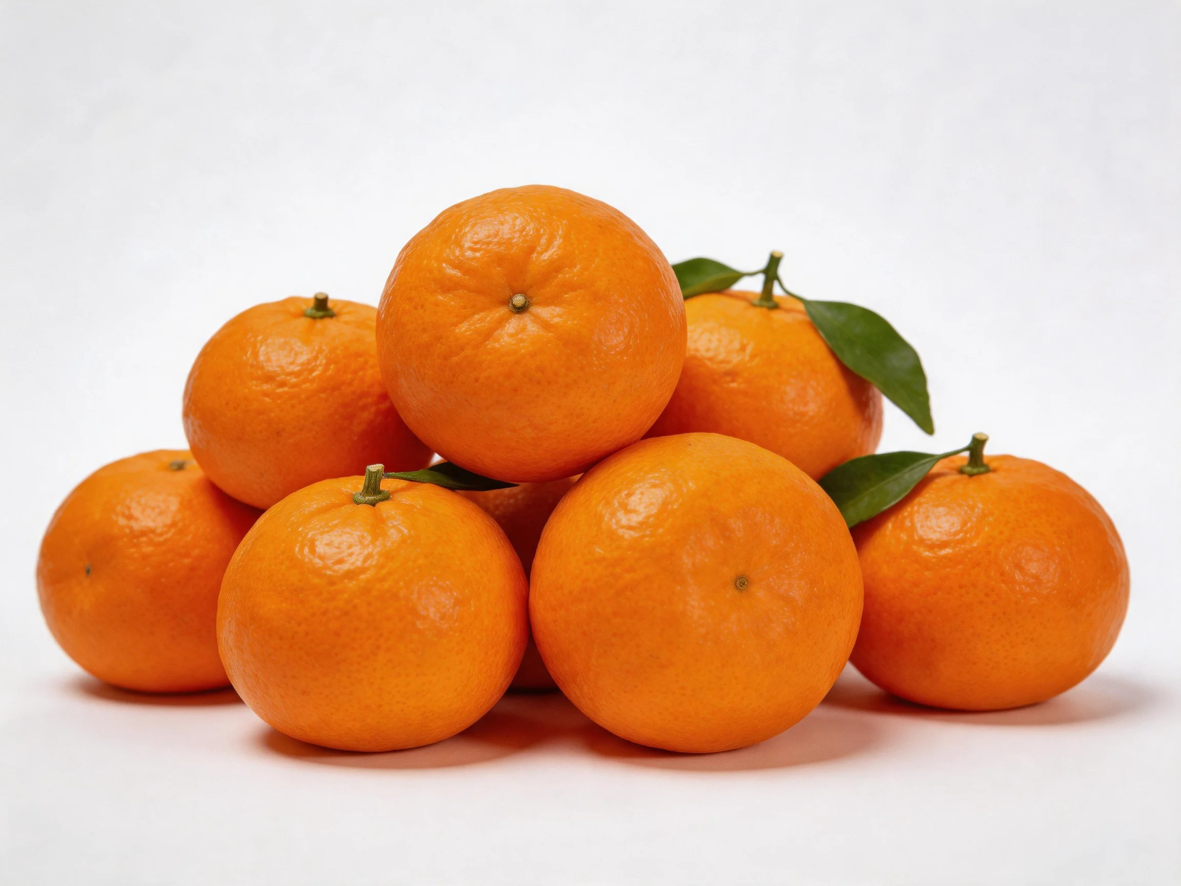A cluster of bright orange citrus fruits with green leaves