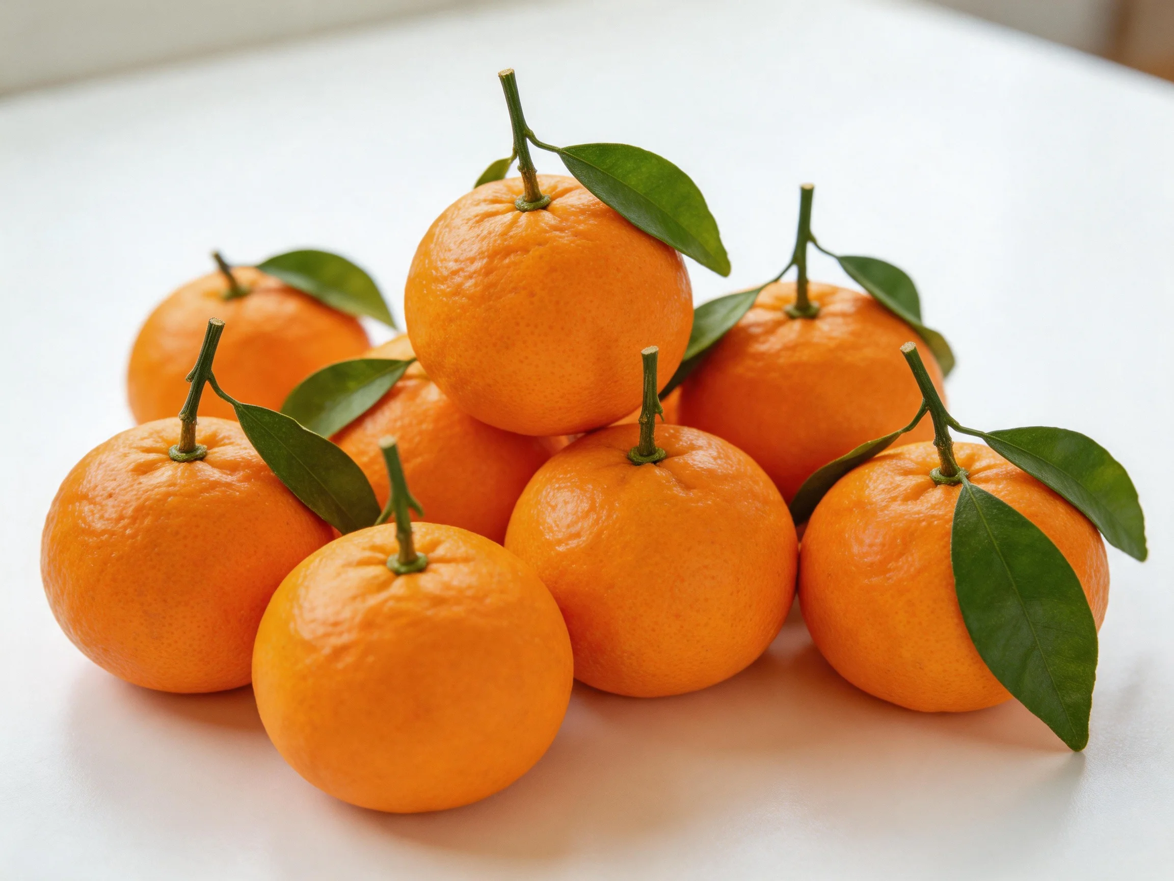 A cluster of bright orange mandarins with fresh green leaves