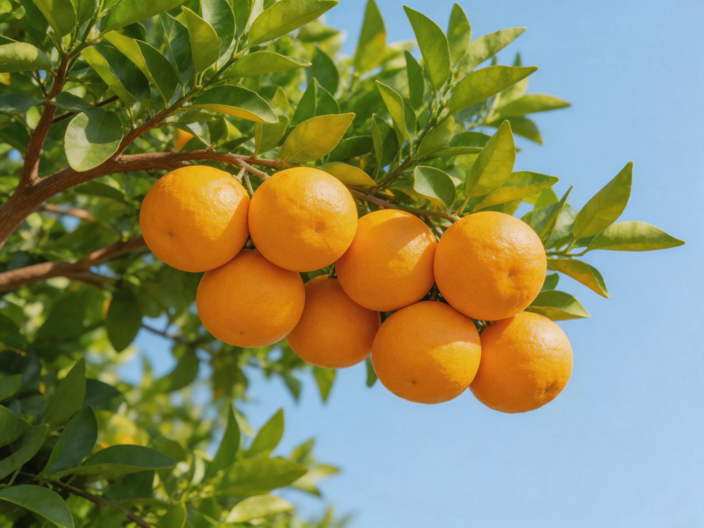 A cluster of bright oranges grows on a leafy citrus tree under a clear blue sky.