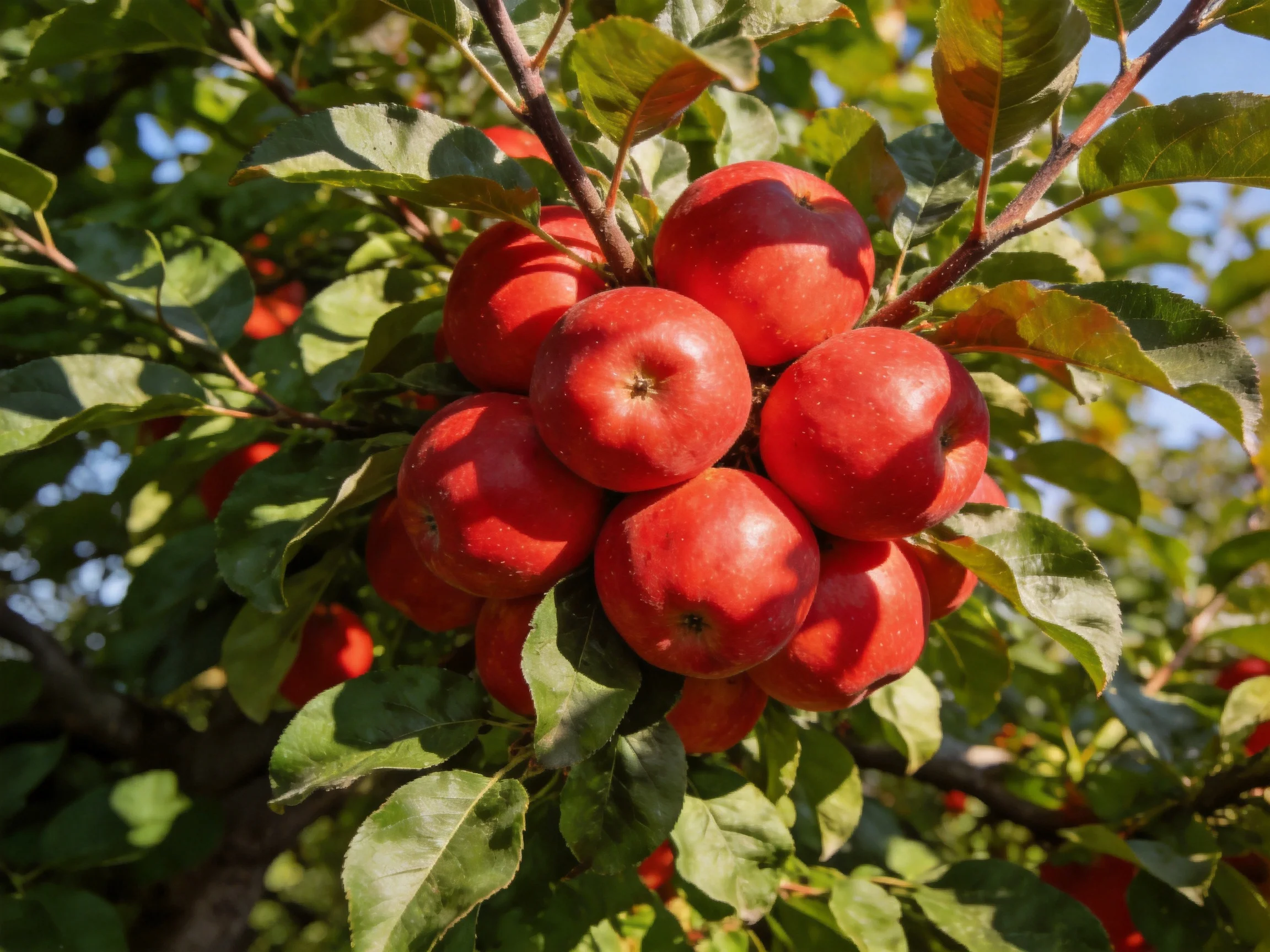 A cluster of bright red apples grows on a leafy apple tree branch