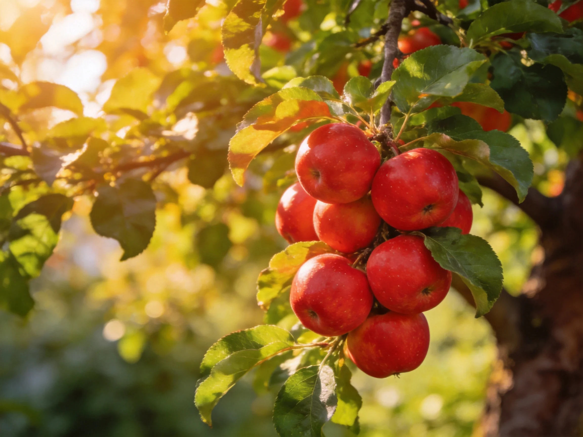 A cluster of bright red apples grows on a sunlit apple tree branch