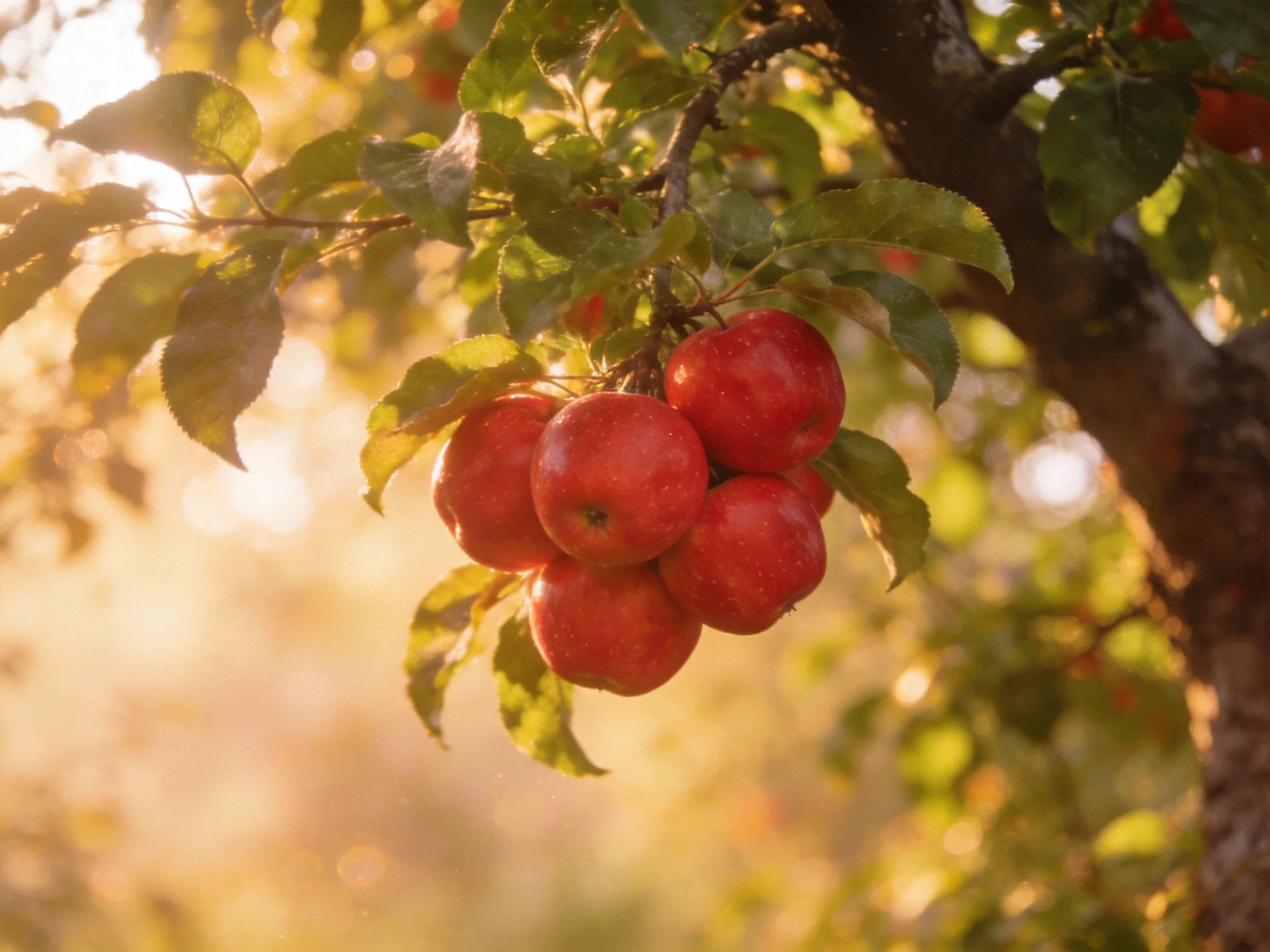 A cluster of bright red apples grows on a sunlit apple tree branch