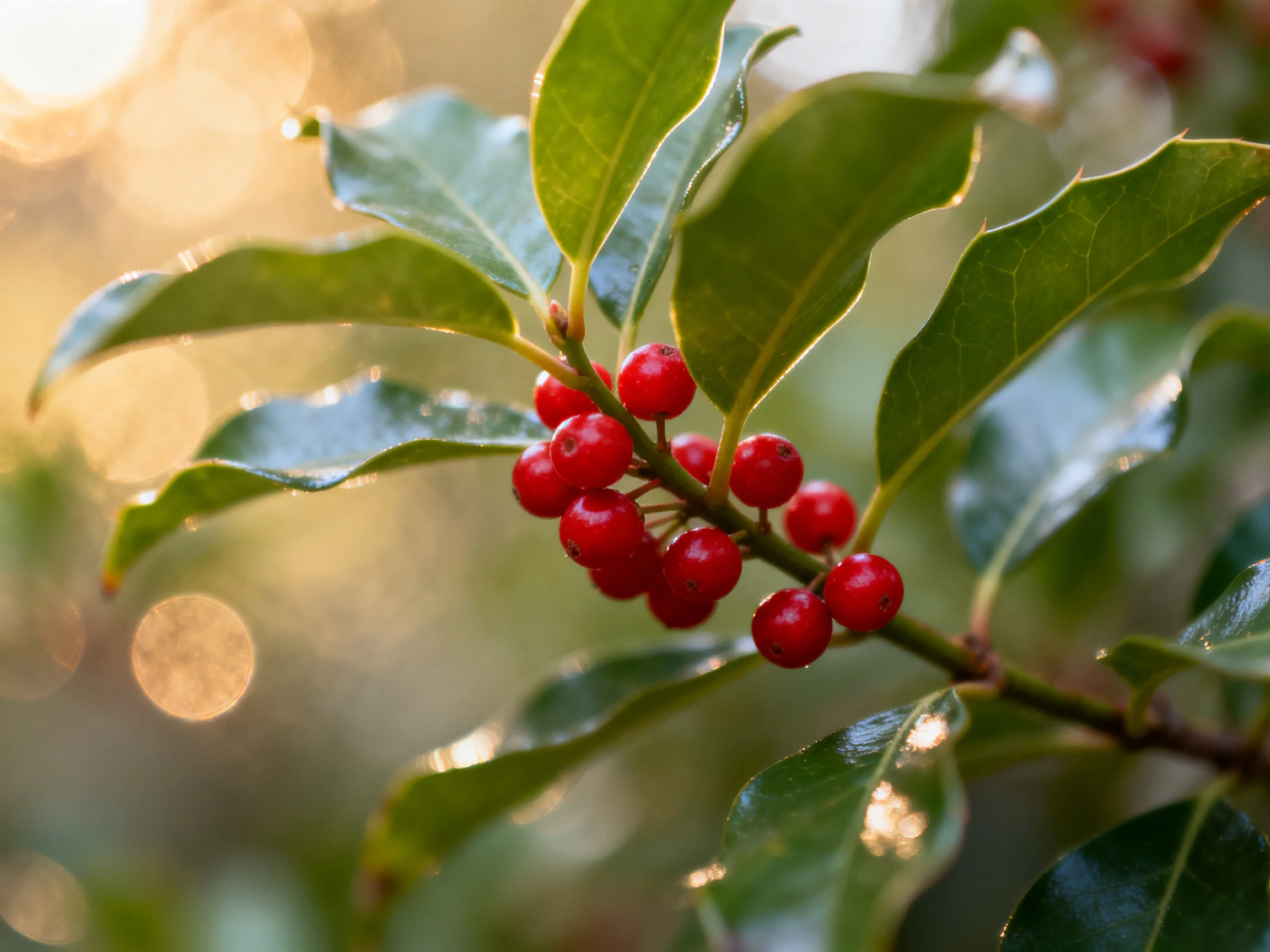 A cluster of bright red berries amid glossy green leaves