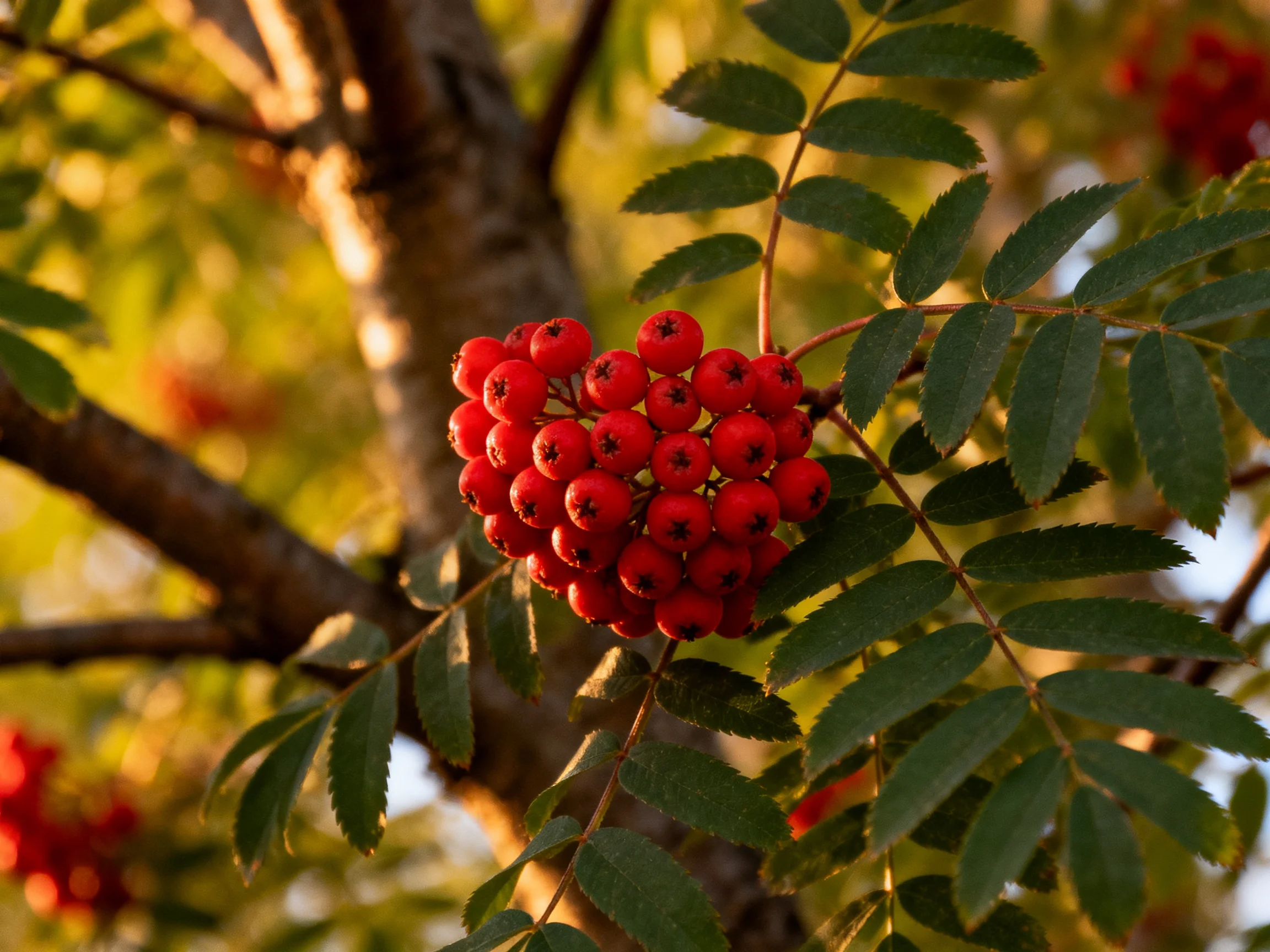 A cluster of bright red berries among dark green leaves
