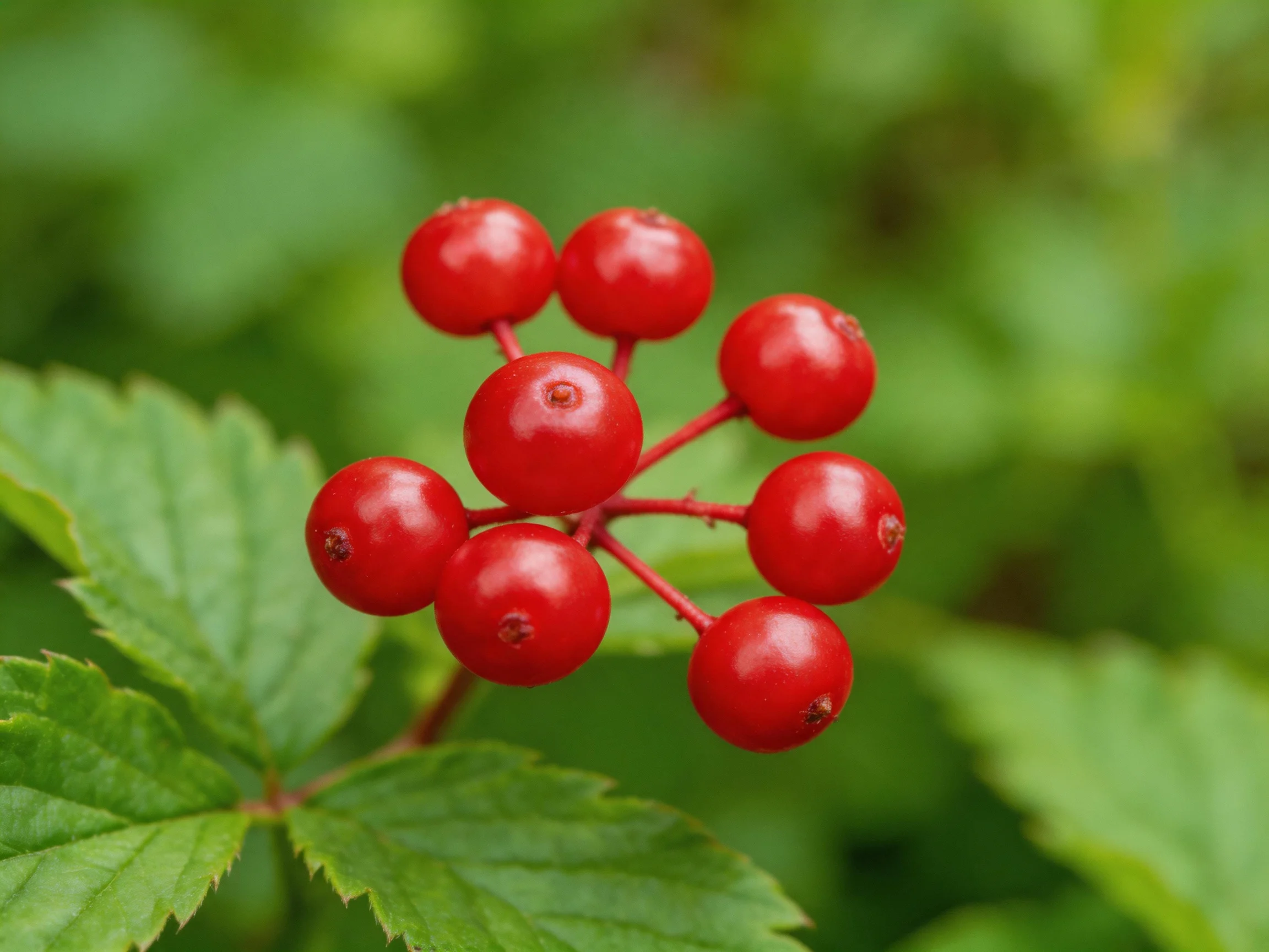A cluster of bright red berries on a leafy branch