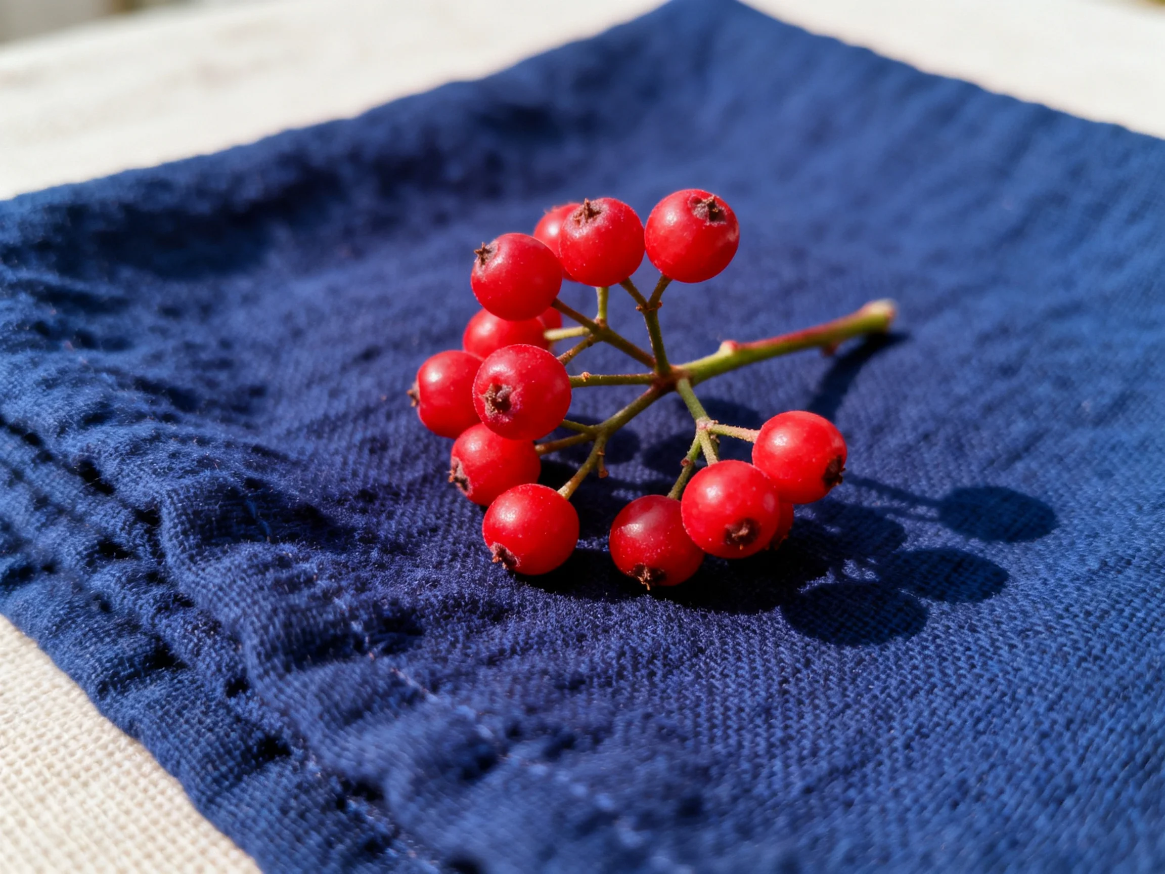 A cluster of bright red berries sits atop a deep blue knitted fabric