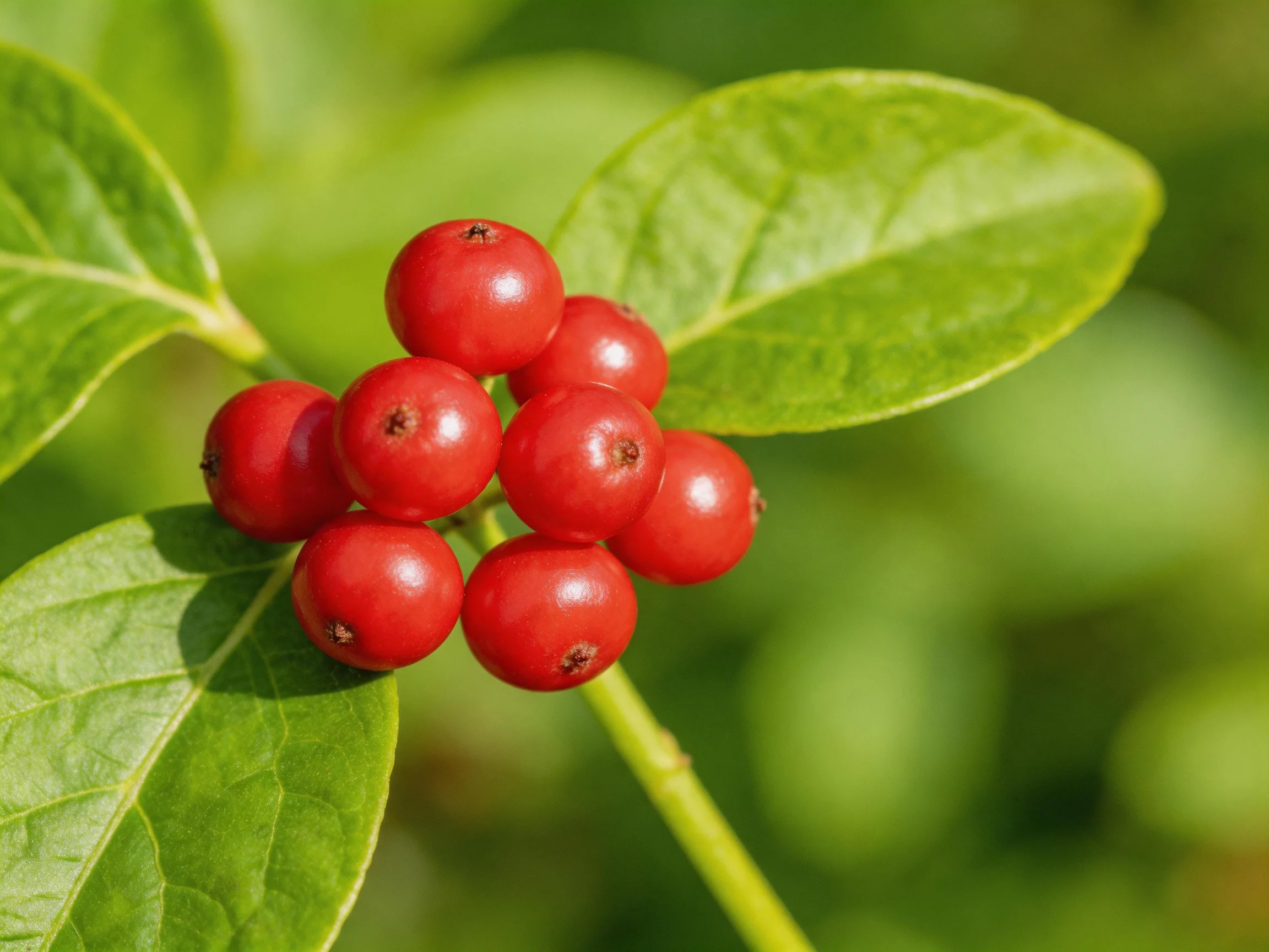 A cluster of bright red berries with glossy green foliage