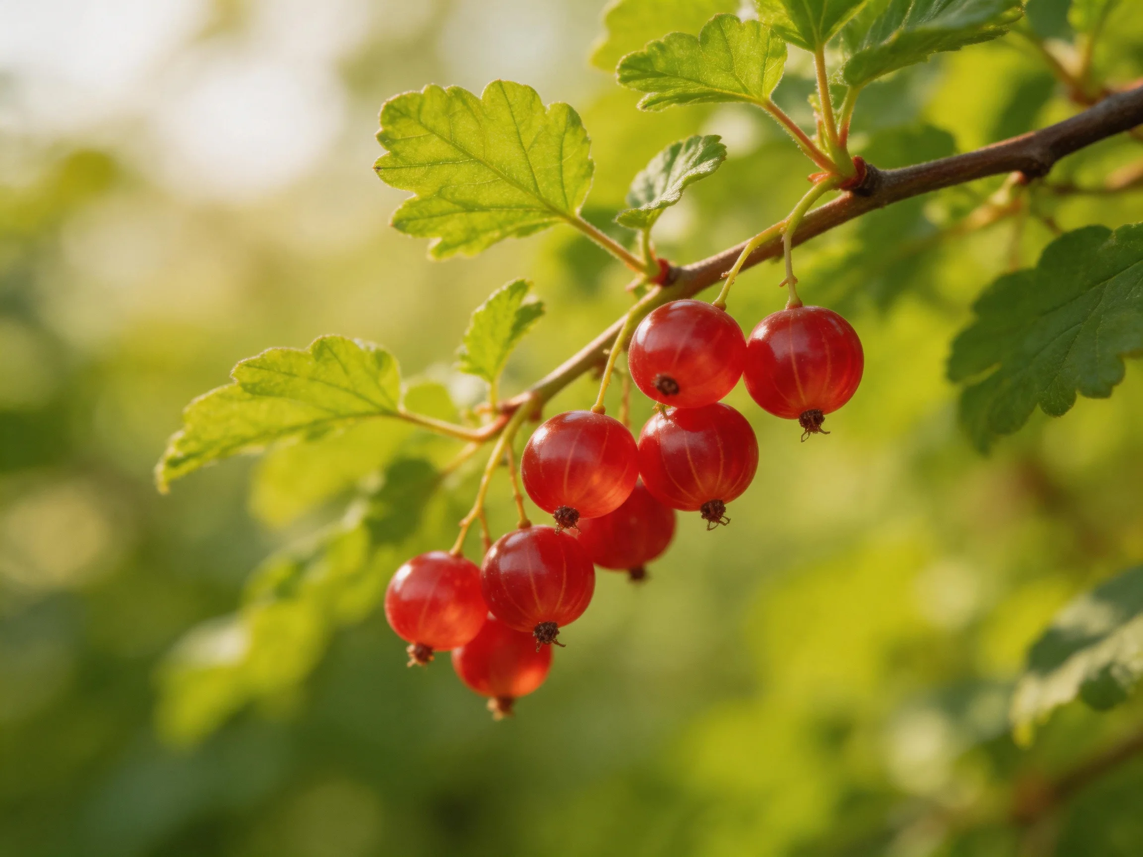 A cluster of bright red currants grows on a branch with green leaves